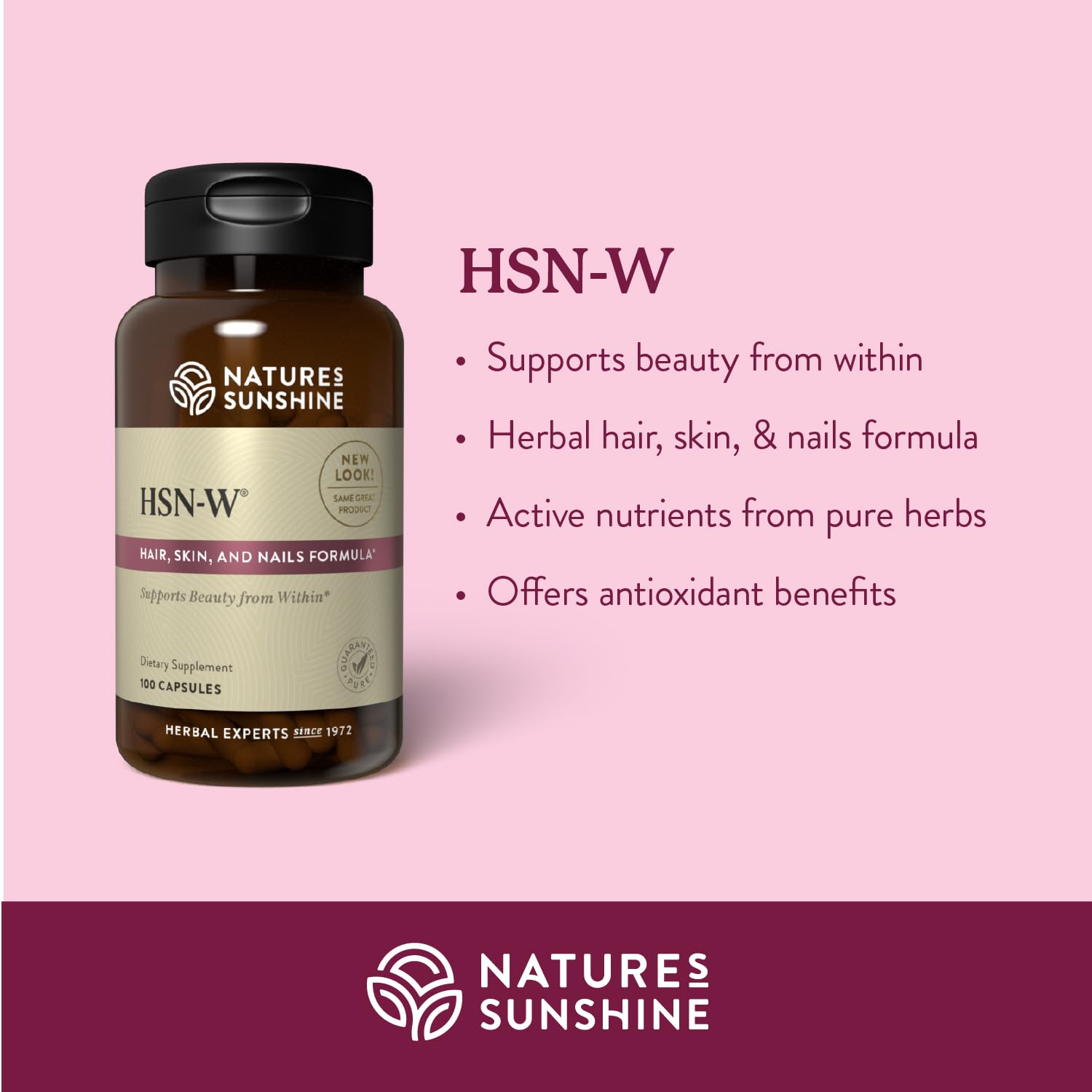Nature's Sunshine HSN-W, ingrédients naturels visibles, possibles bénéfices dans votre alimentation.