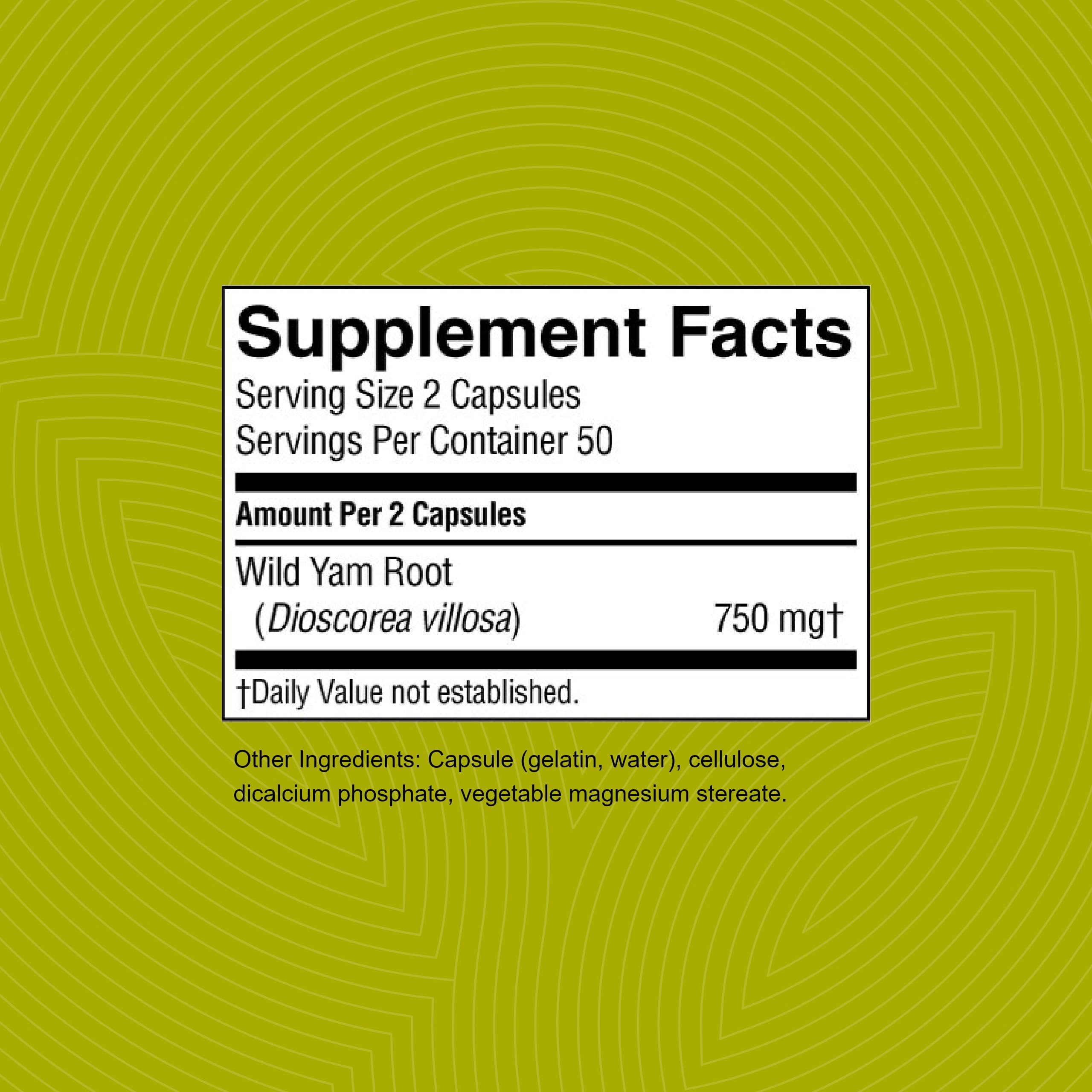 Étiquette Nature's Sunshine Igname Sauvage – informations claires et ingrédients naturels.