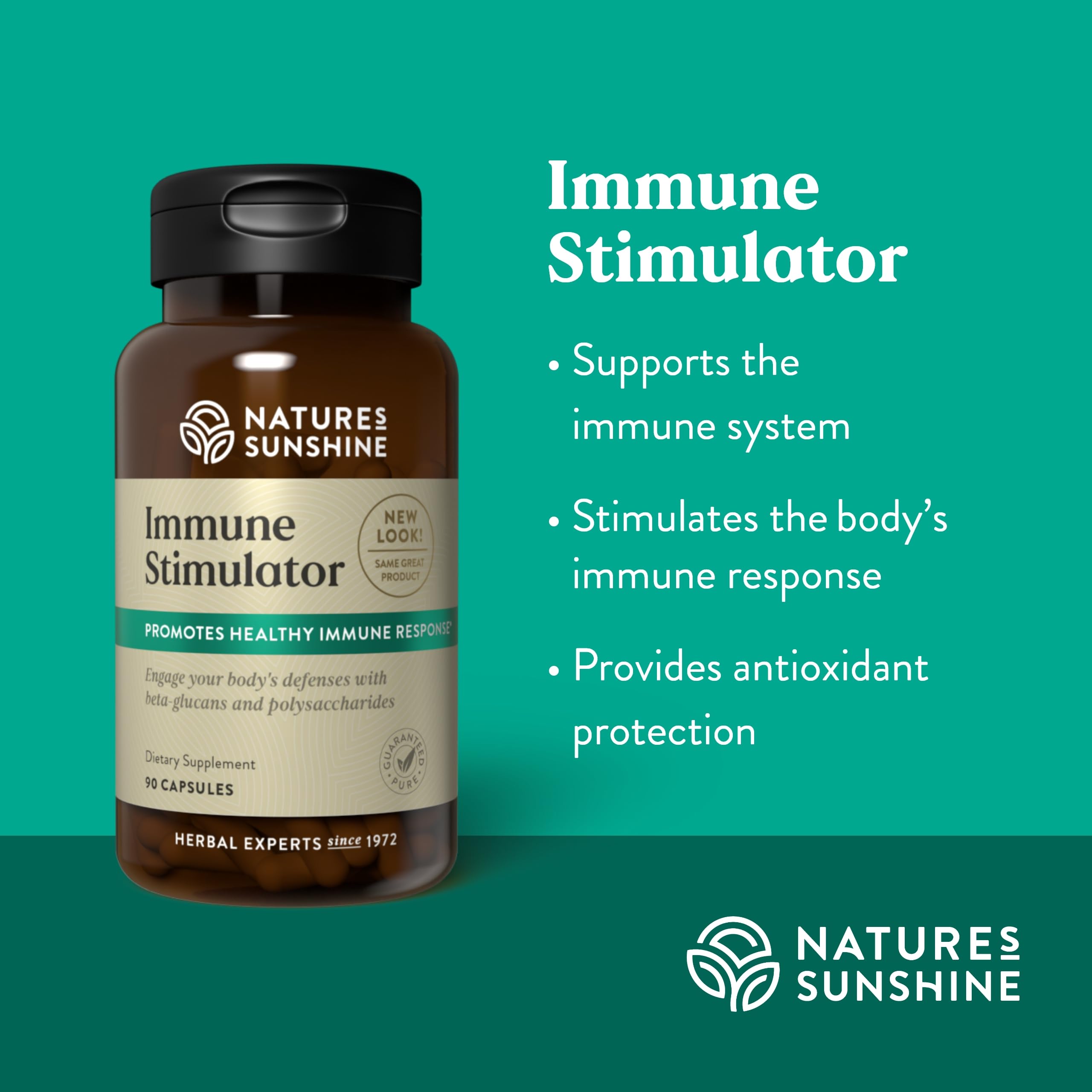 Nature's Sunshine Immunostimulateur - étiquette détaillée, ingrédients naturels et promesse de soutien doux.