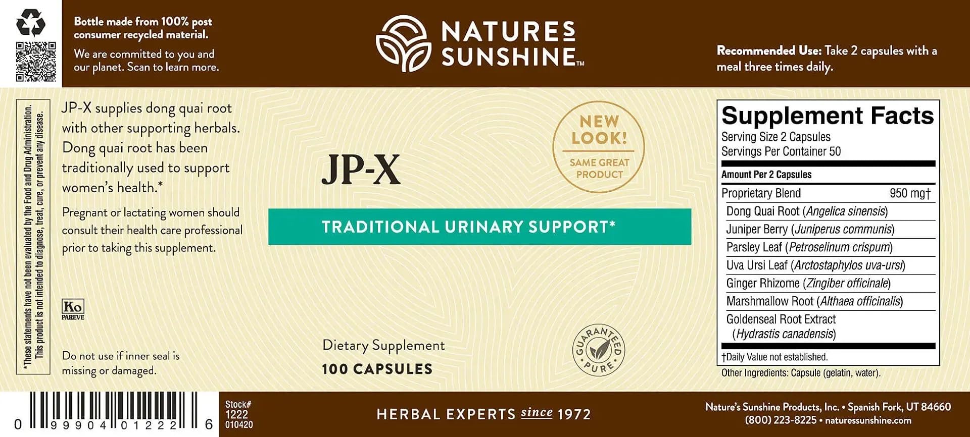 Étiquette Nature's Sunshine JP-X montrant ingrédients naturels et fabrication aux États-Unis.