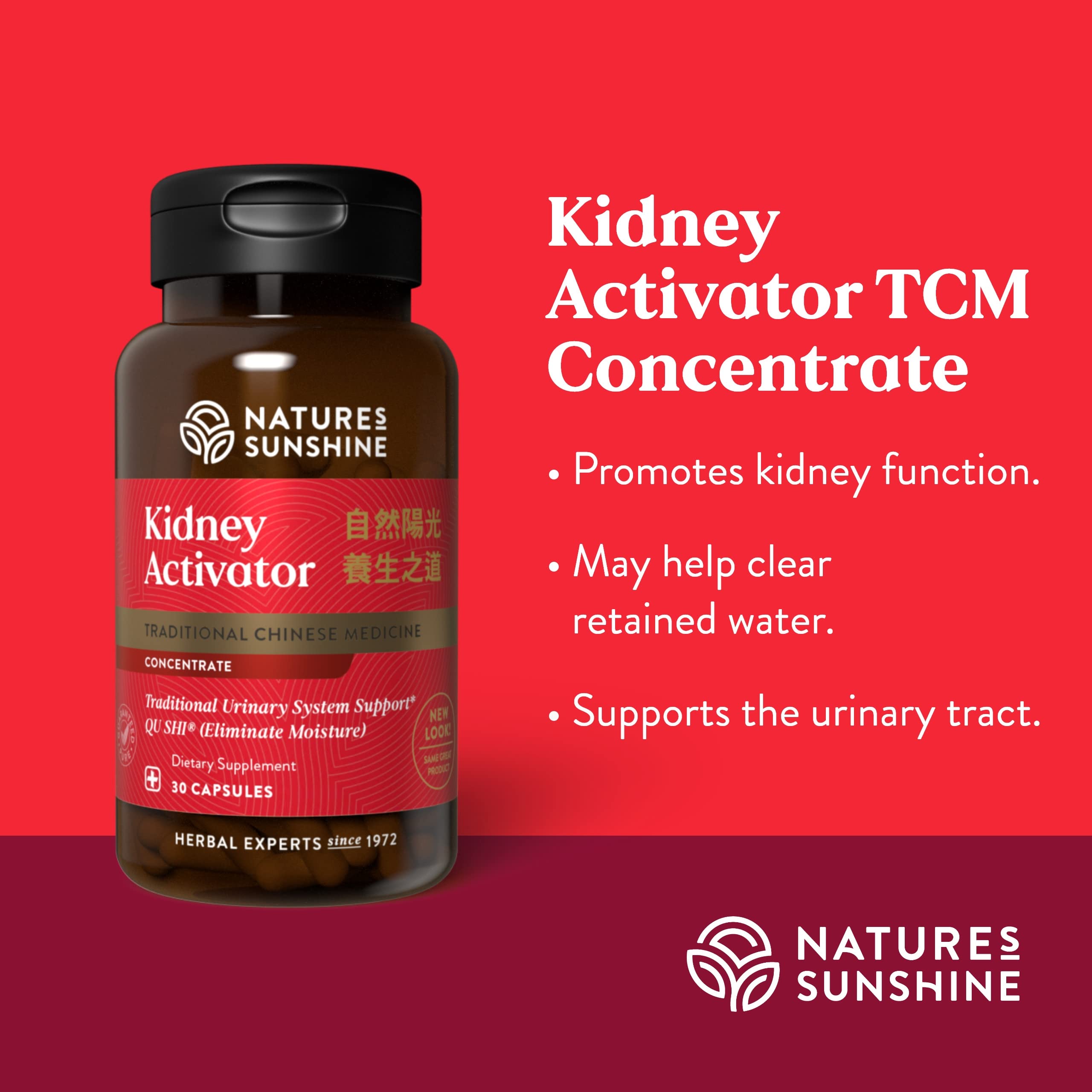 Étiquette Nature's Sunshine Kidney Activator sur le flacon, informations lisibles et sans confusion.