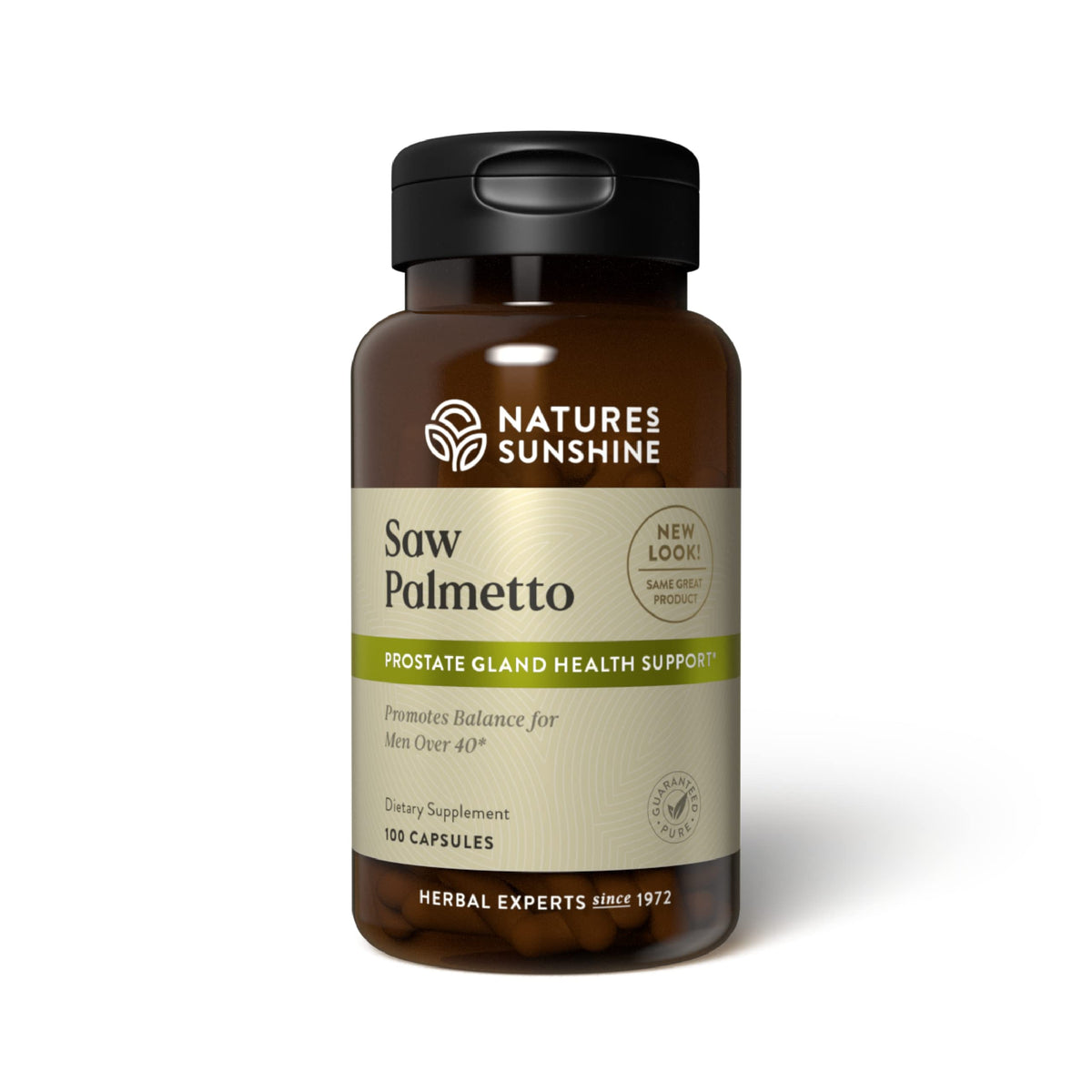 Nature's Sunshine Saw Palmetto, capsules en boîte, soutien potentiel à l'équilibre hormonal.