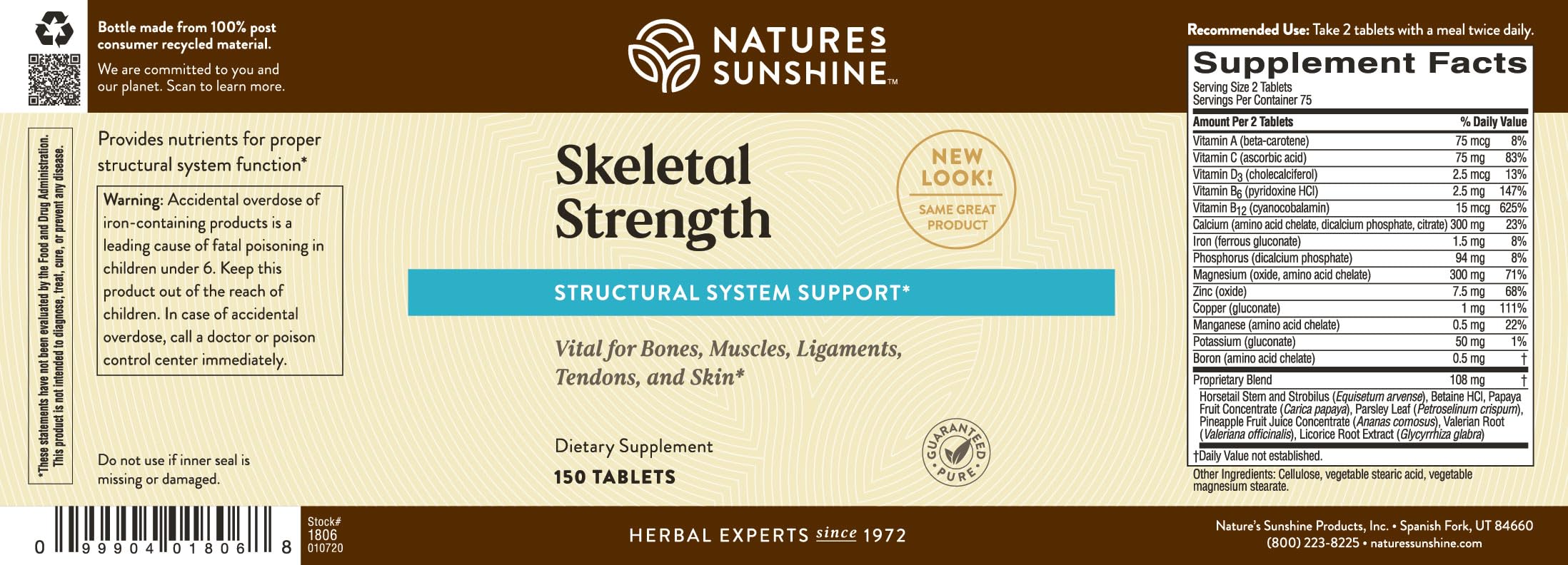 Nature's Sunshine Skeletal Strength tableau des nutriments calcium et fer, aperçu nutritionnel.
