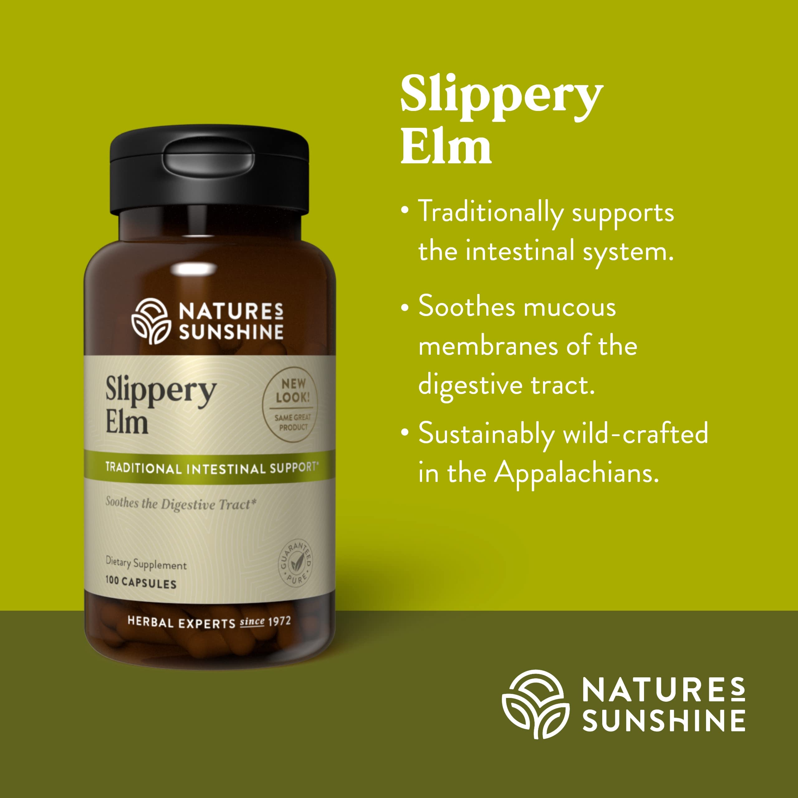 Nature's Sunshine Slippery Elm, capsules visibles, ingestion facile pour l'usage quotidien.