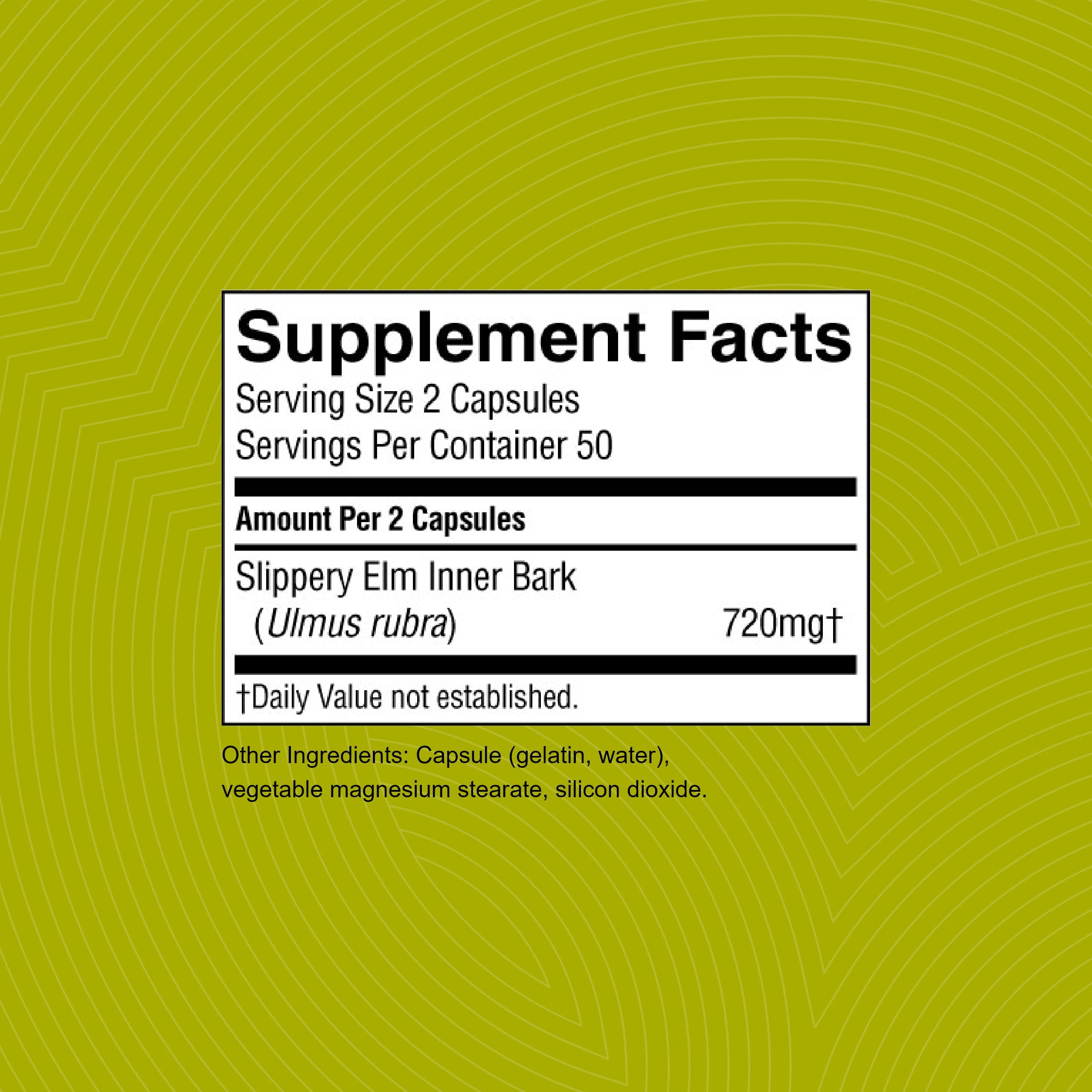 Nature's Sunshine Slippery Elm, etiquette verso, conseils d'utilisation et composition.