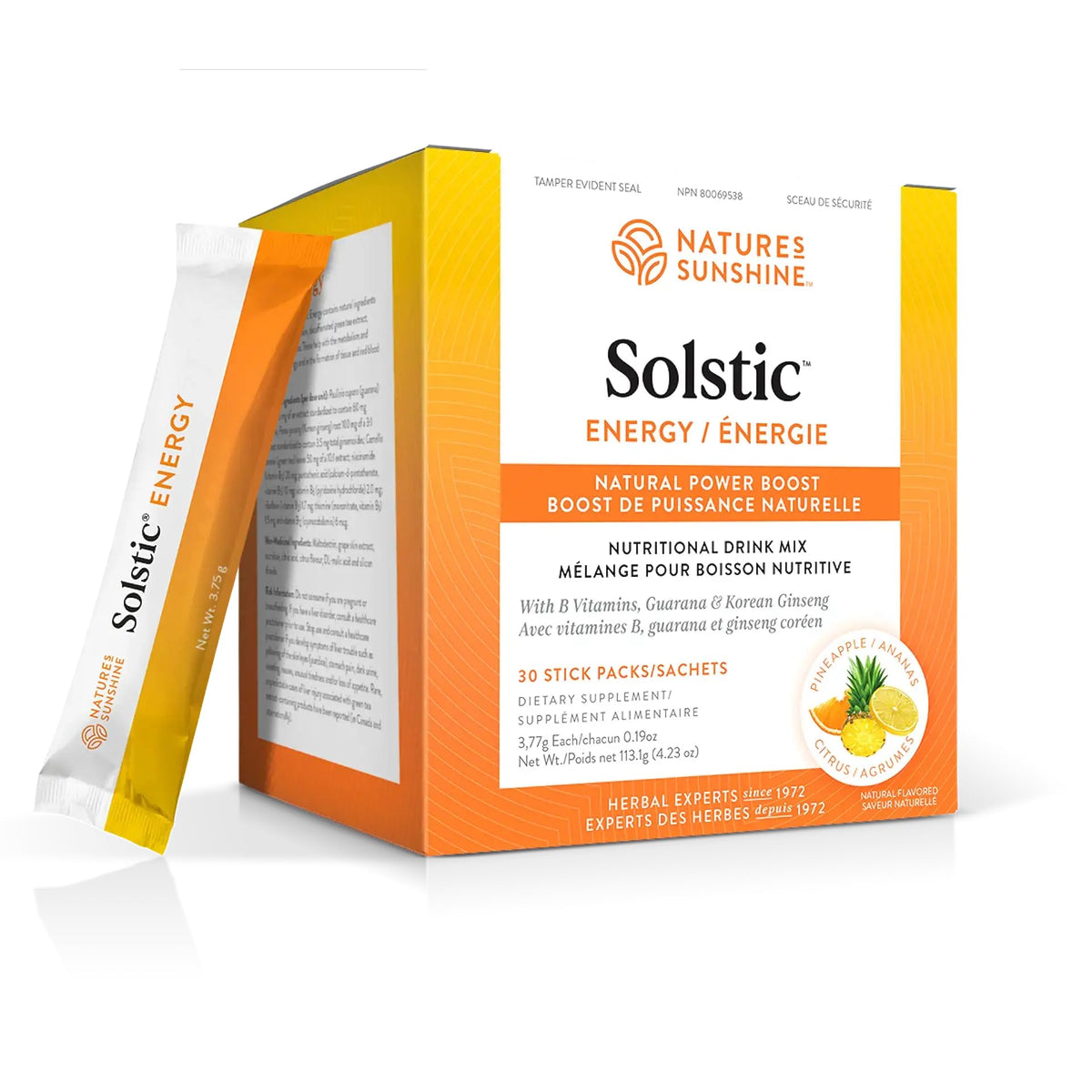 Emballage Nature's Sunshine Solstic Energy, pratique pour emporter en déplacement