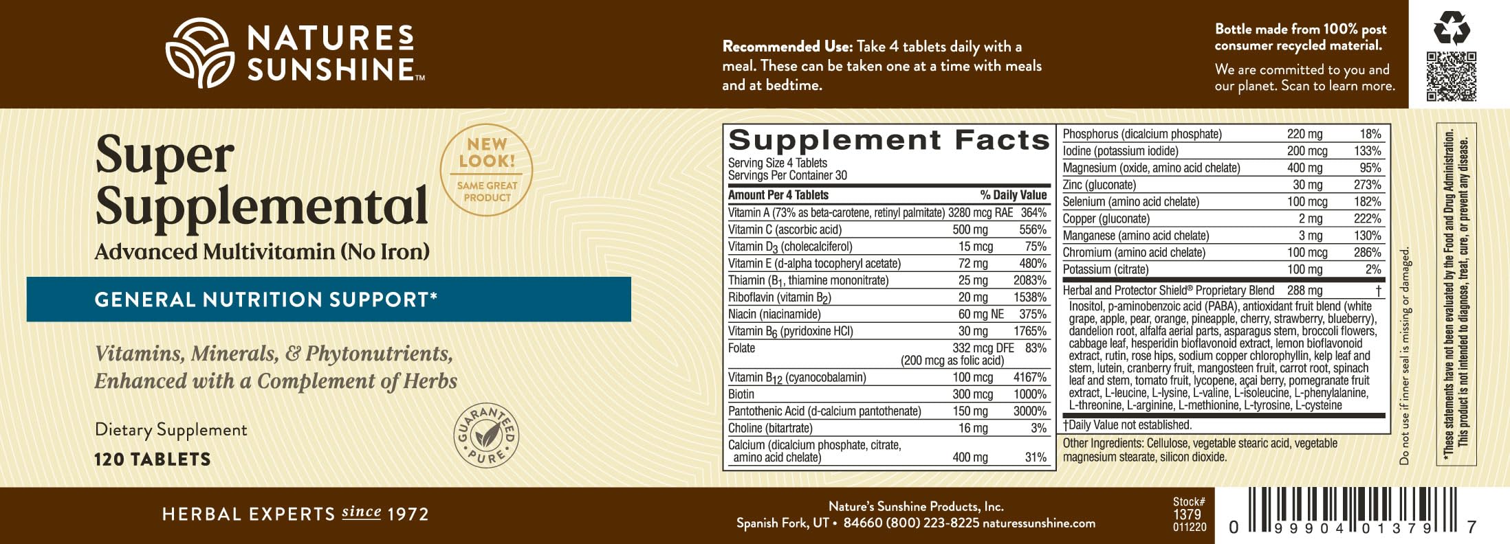 Nature's Sunshine Super Supplemental sans fer - formulation contemporaine: minéraux et nutriments pour le quotidien.