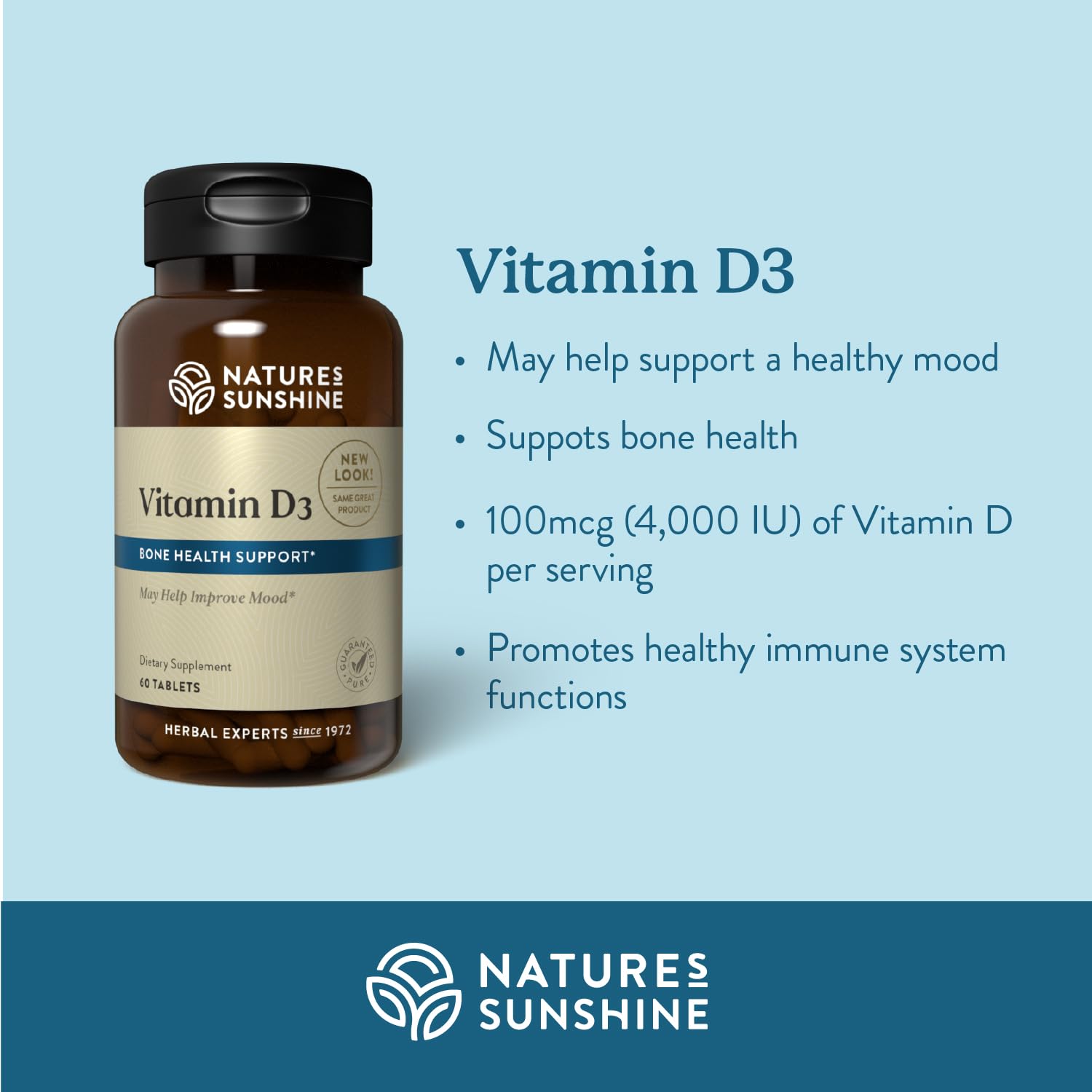 Étiquette Nature's Sunshine Vitamine D3 sur l'emballage, informations de dosage.