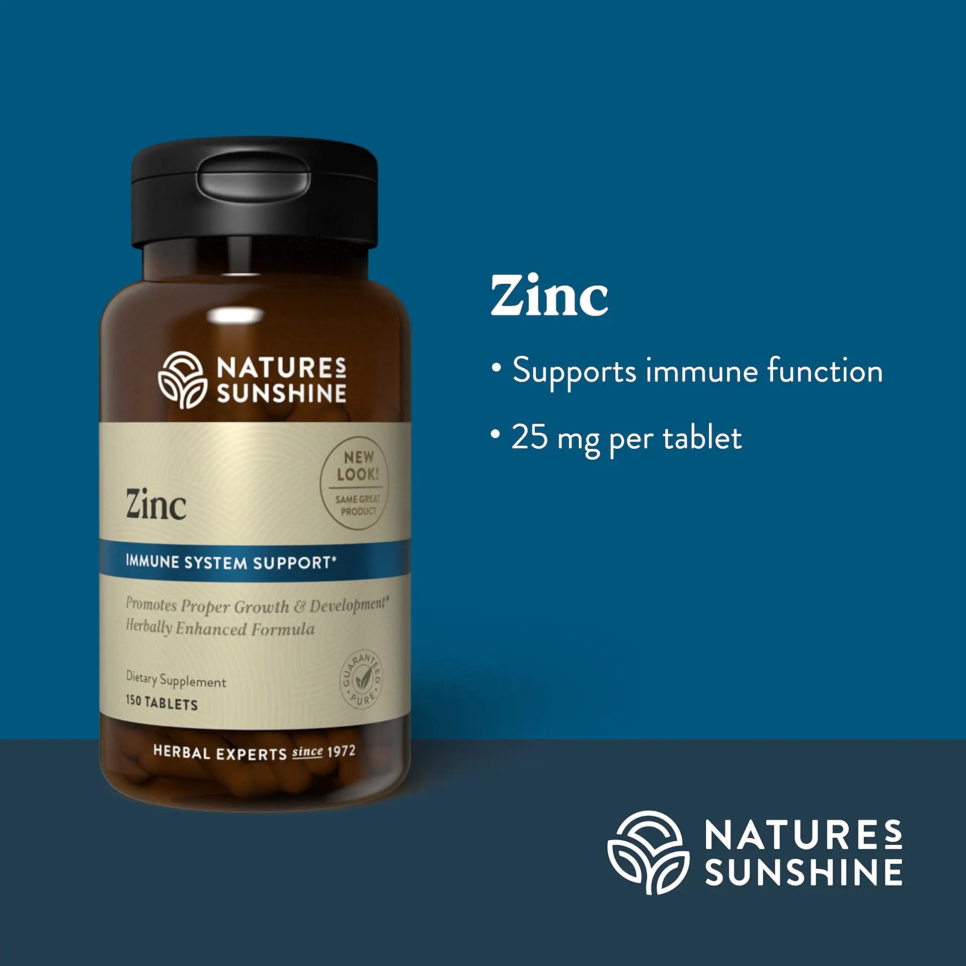 Nature's Sunshine Zinc 25 mg – étiquette lisible indiquant les fonctions du zinc sur le métabolisme.