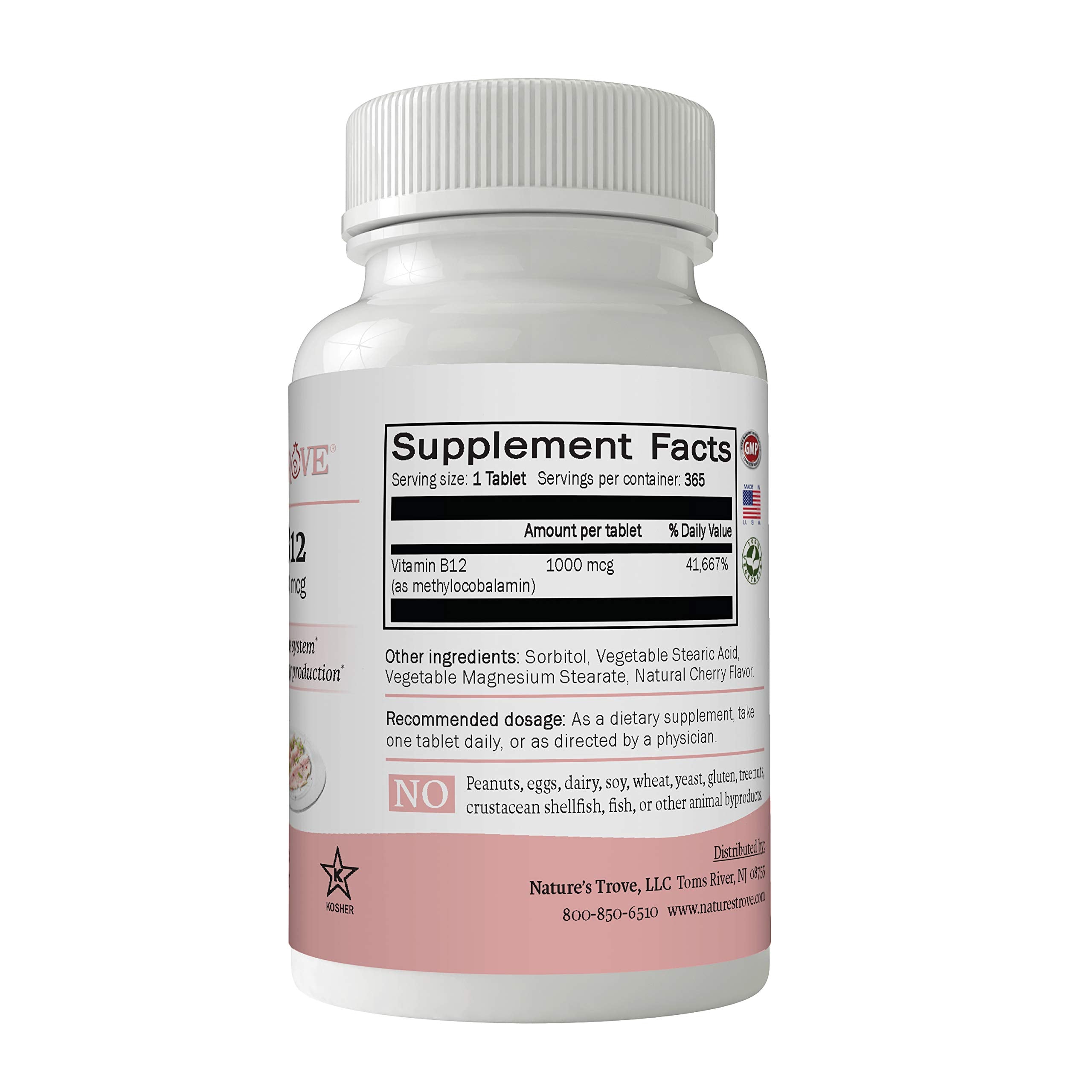 Nature's Trove B12 methylcobalamin dans une bouteille de 365 comprimés, pratique et durable.