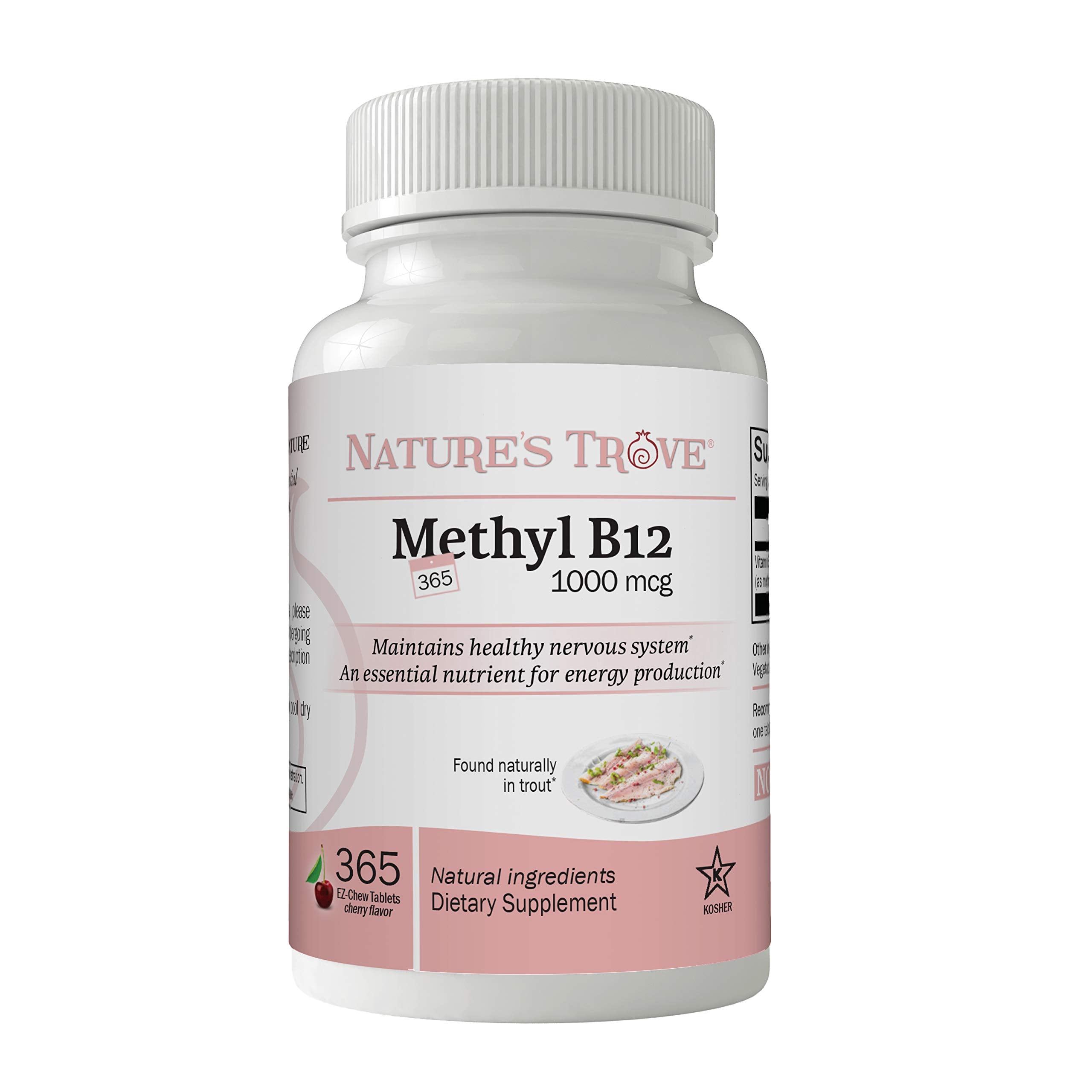 Nature's Trove B12 methylcobalamin goût cerise, comprimés à mâcher pour énergie soutenue.