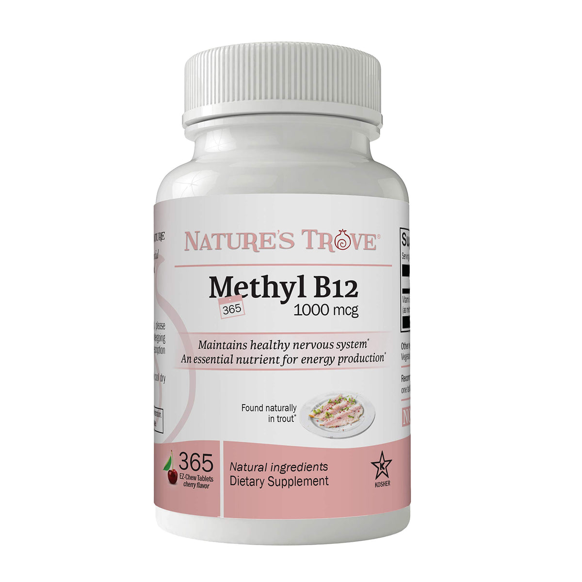 Nature's Trove B12 methylcobalamin goût cerise, comprimés à mâcher pour énergie soutenue.