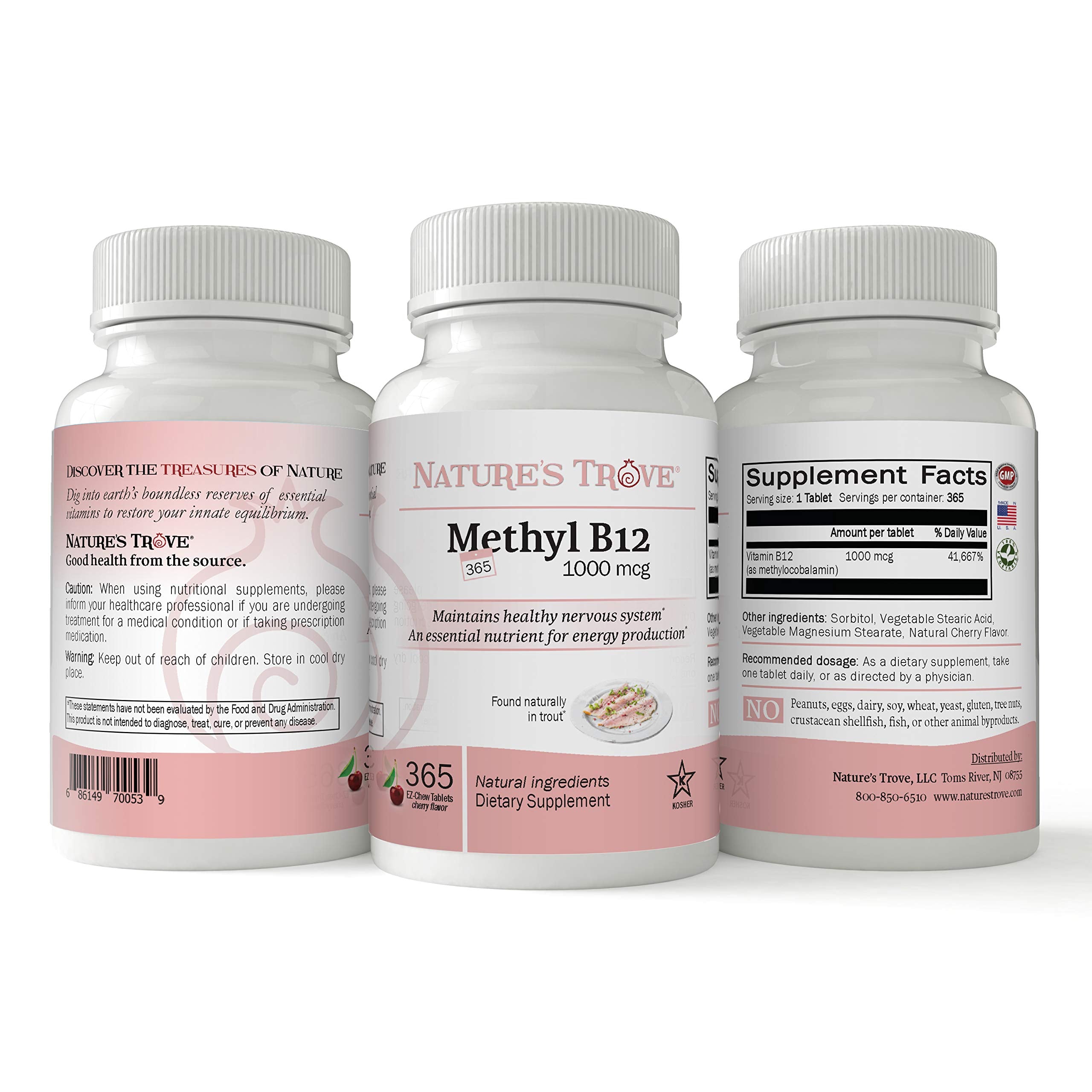 Nature's Trove B12 methylcobalamin goût cerise, comprimés à mâcher faciles à intégrer au quotidien.