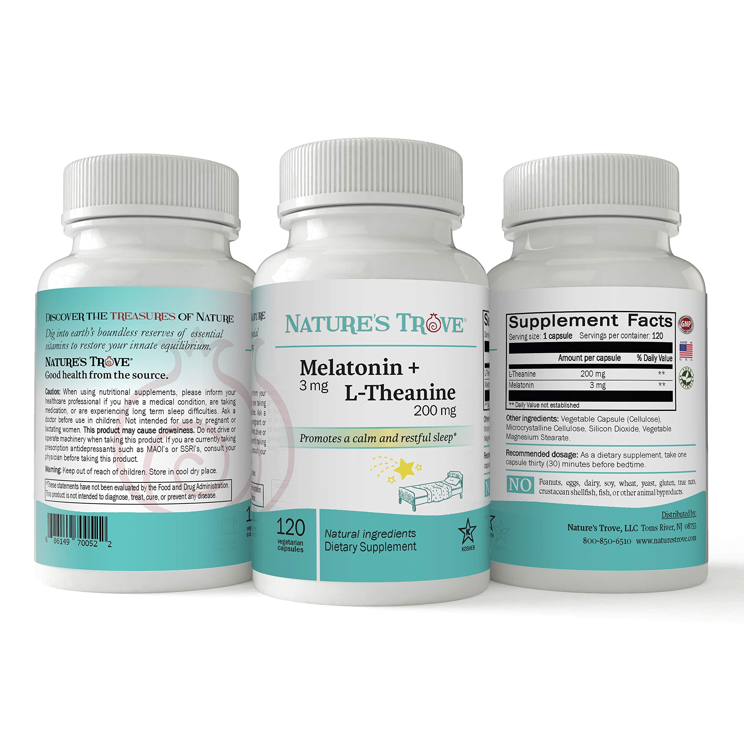 Nature's Trove Mélatonine-L-Theanine, capsules visibles pour une détente nocturne.