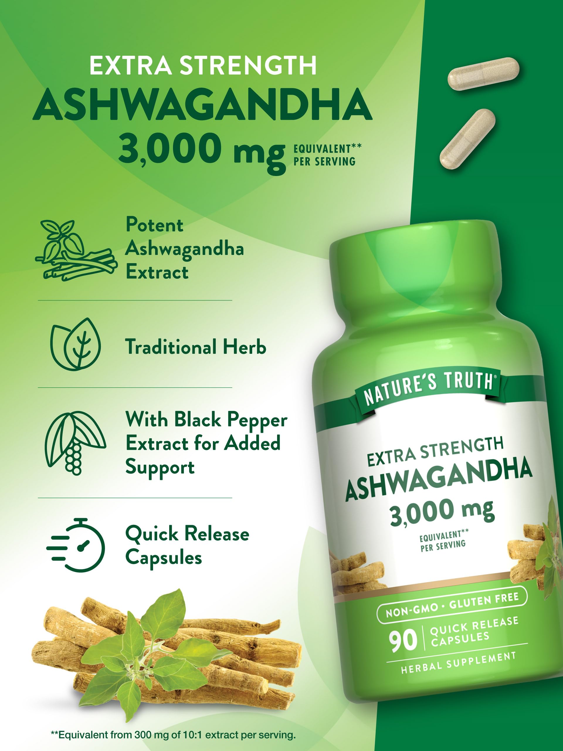 Nature's Truth Ashwagandha capsules sans OGM et ingrédients transparents.