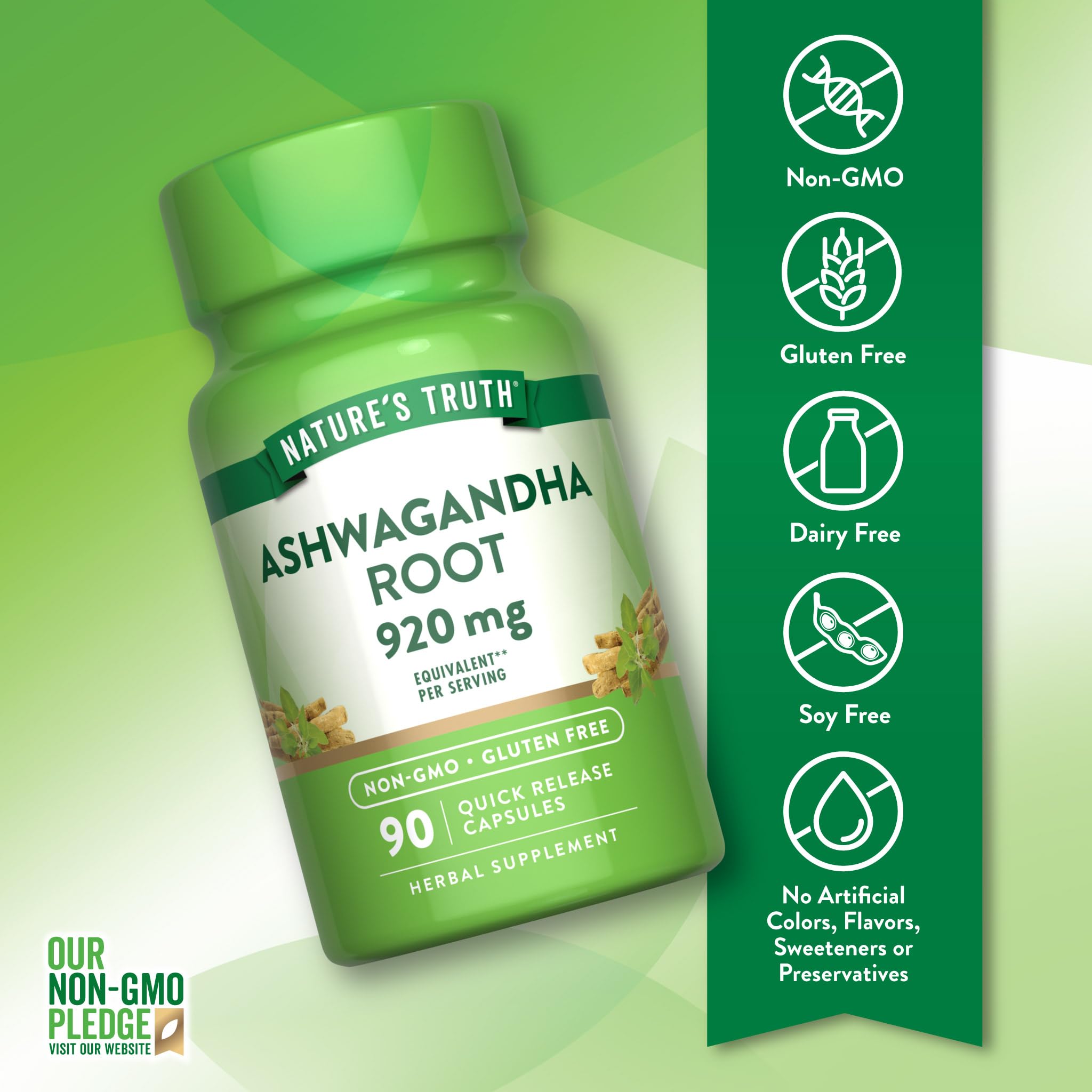 Étiquette sans gluten sur l'emballage Nature's Truth Ashwagandha.