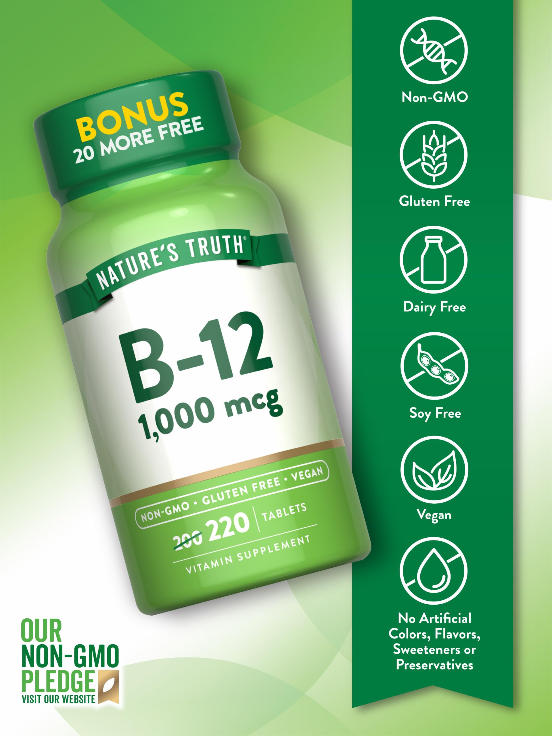 Étiquette claire Nature's Truth B12, information lisible.