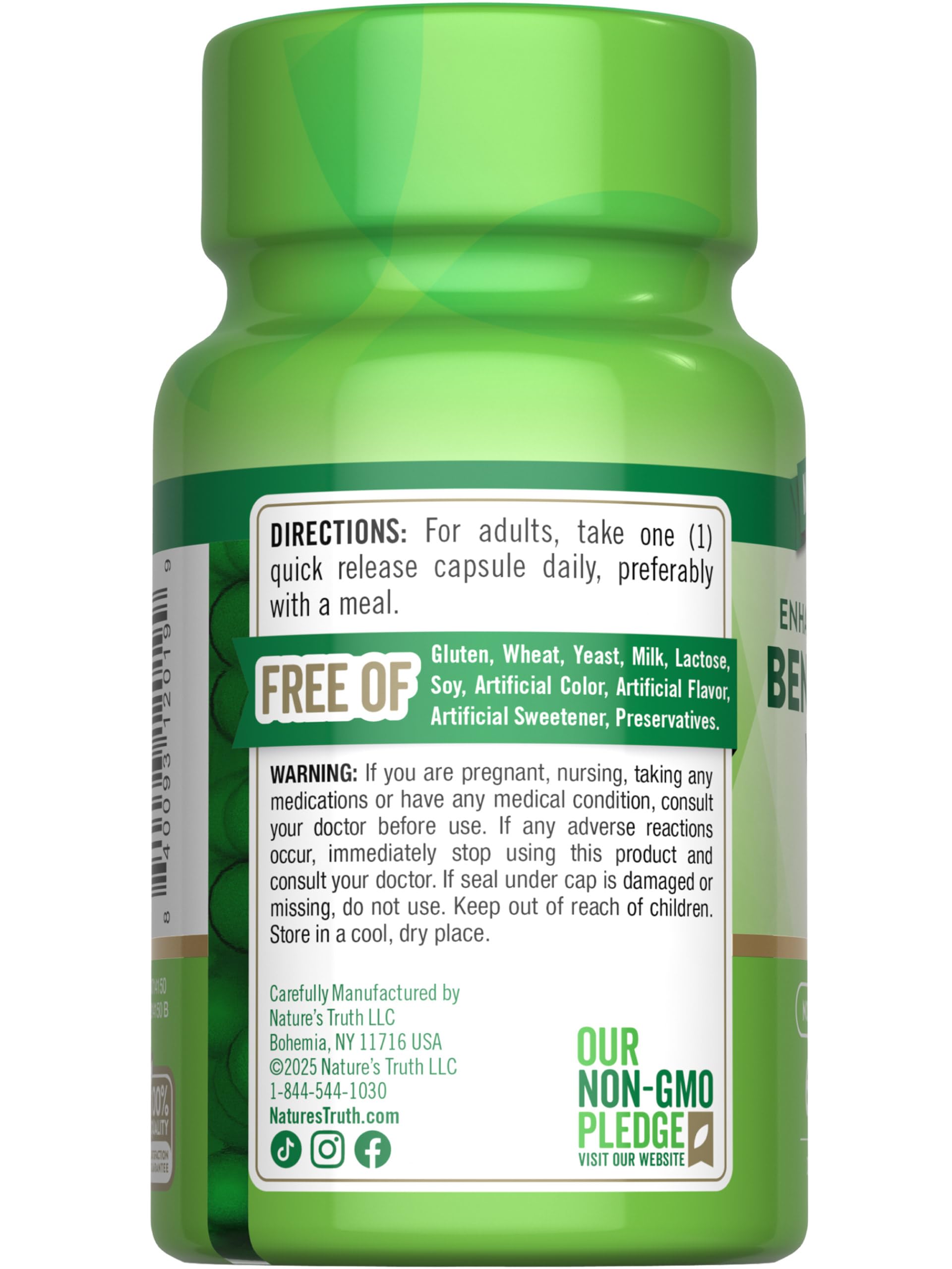 Nature's Truth Benfotiamine, logo clair, confiance dans la marque reconnue.