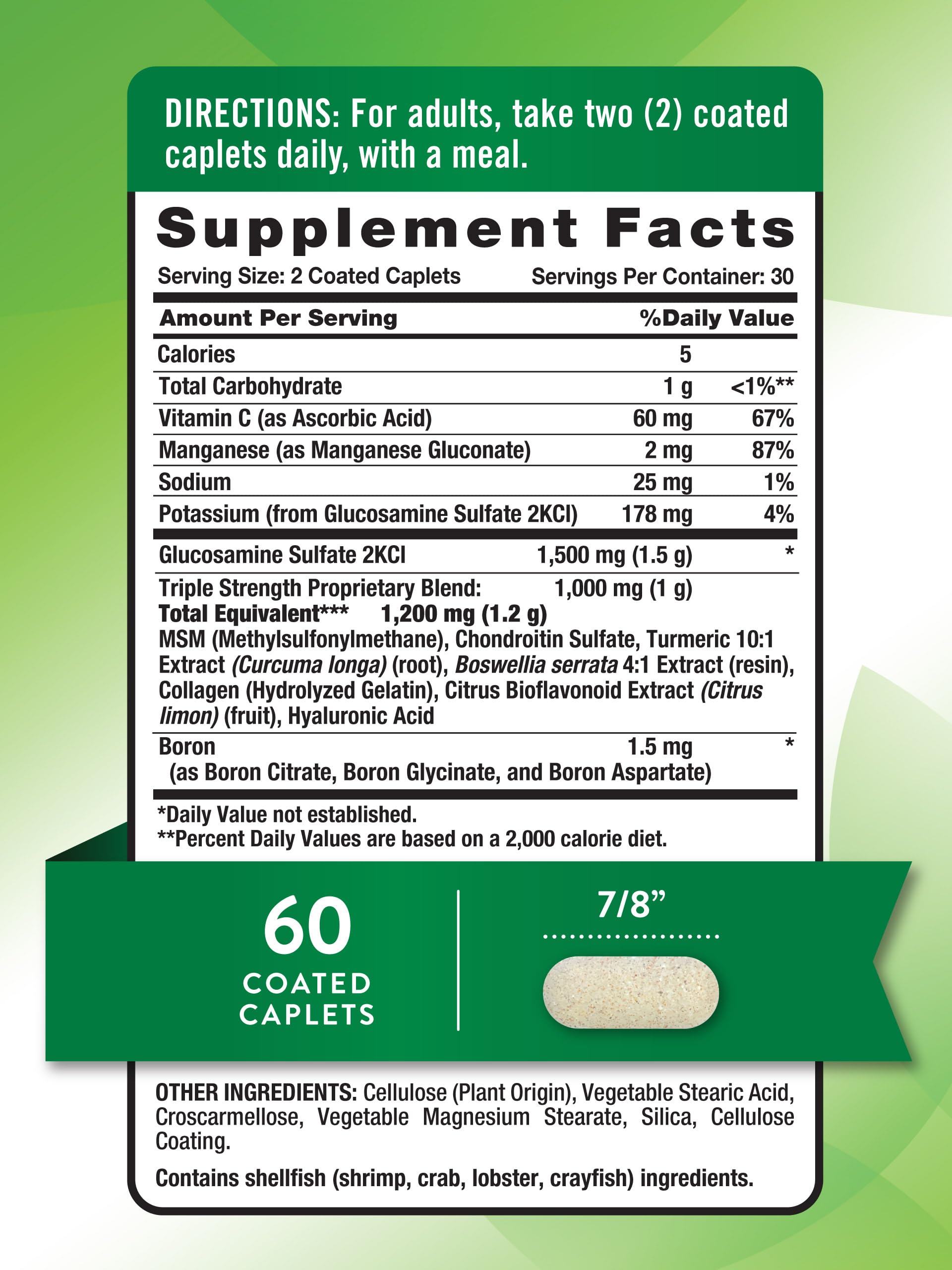 Nature's Truth caplets coatés glucosamine – formulation douce pour prise facile.