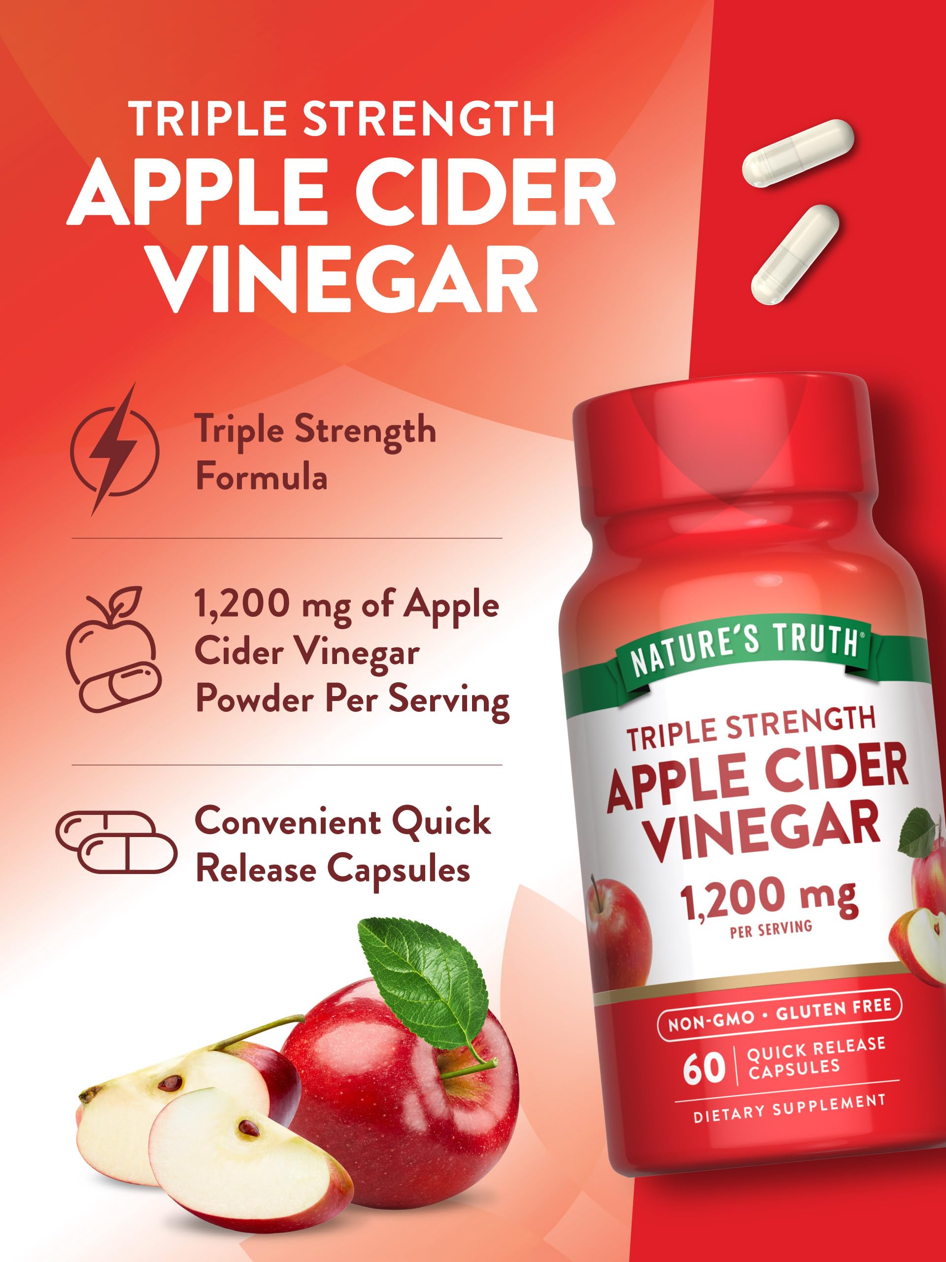 Nature's Truth capsule vinaigre de cidre 1200mg, sans gluten.