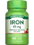 Nature's Truth comprimés ferreux 65 mg en bouteille, soutien possible à la production des globules rouges.