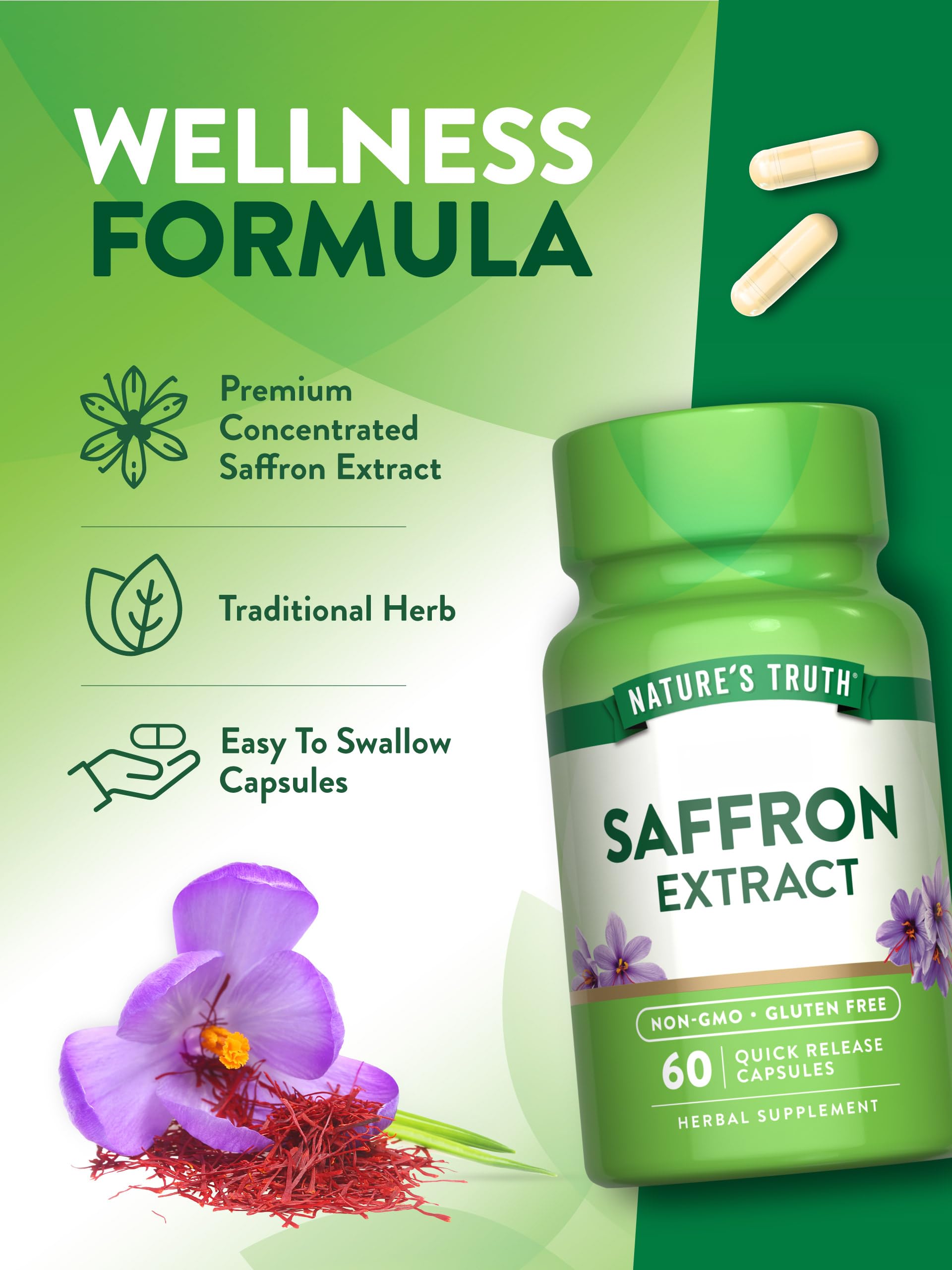Nature's Truth emballage safran sans additifs, formule pure et fiable