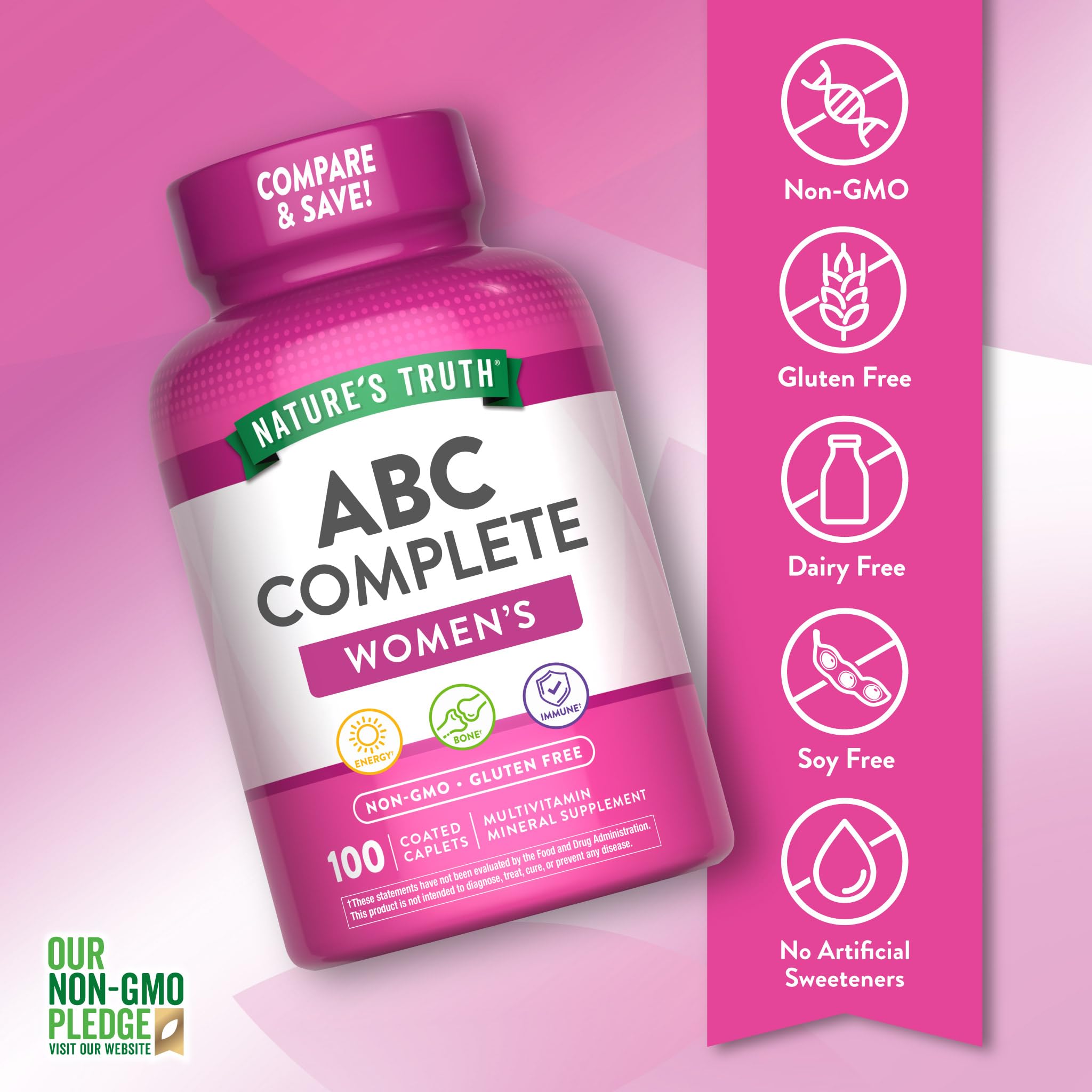 Étiquette Nature's Truth sans OGM et sans gluten pour la transparence.