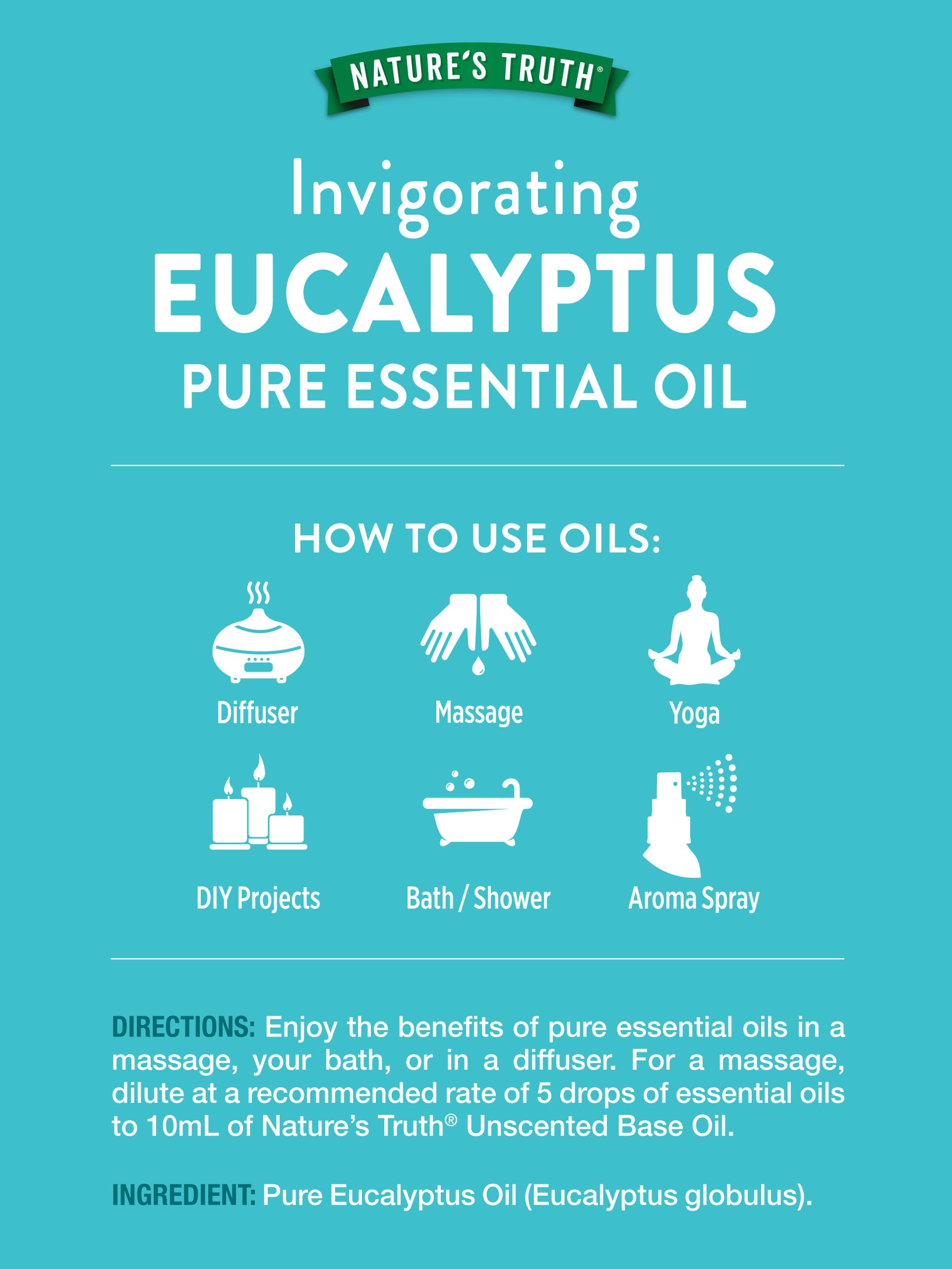 Diffuseur avec huile eucalyptus Nature's Truth, ambiance aromathérapie apaisante.