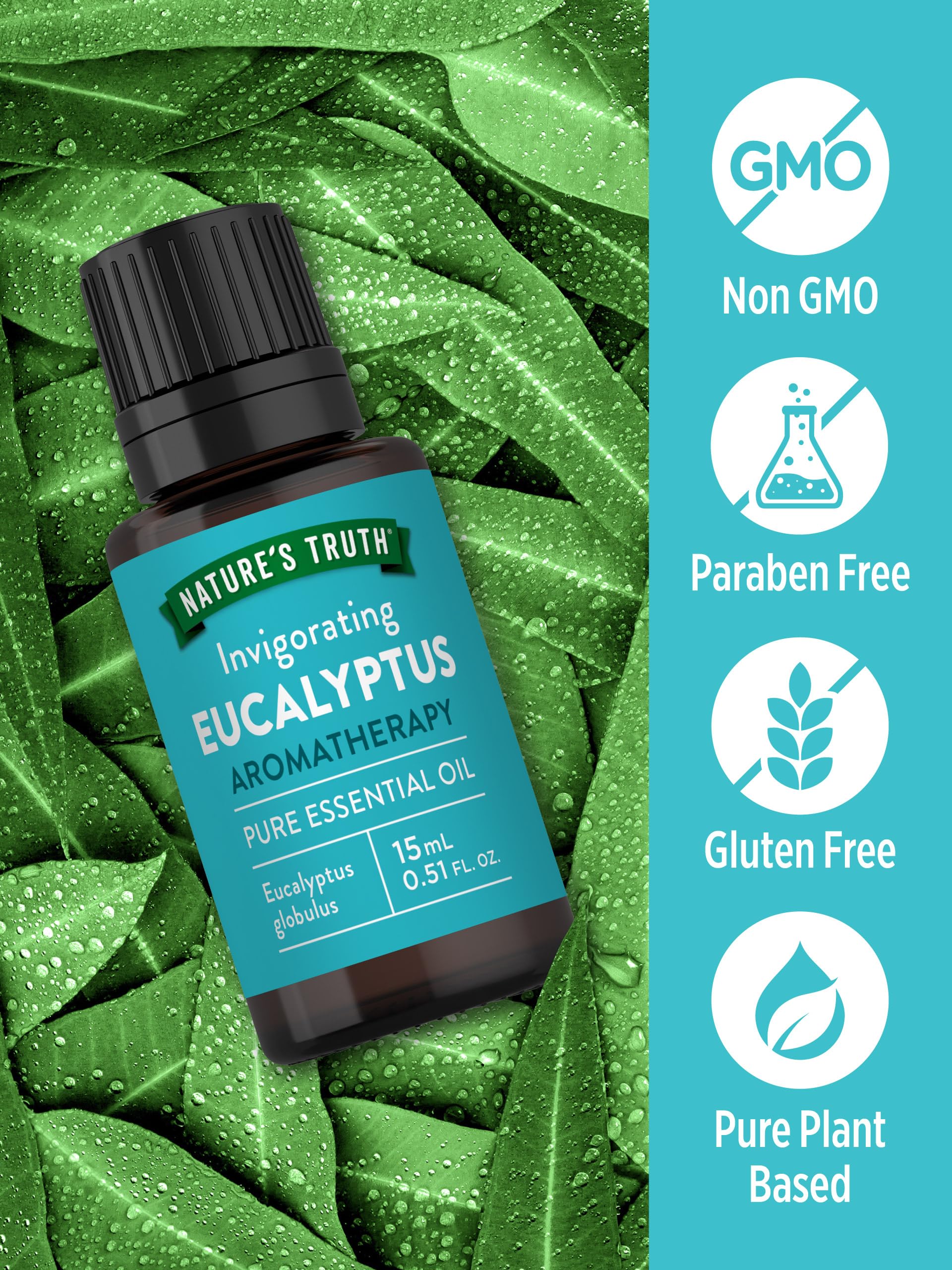Huile eucalyptus Nature's Truth prête pour massage relaxant et revitalisant.