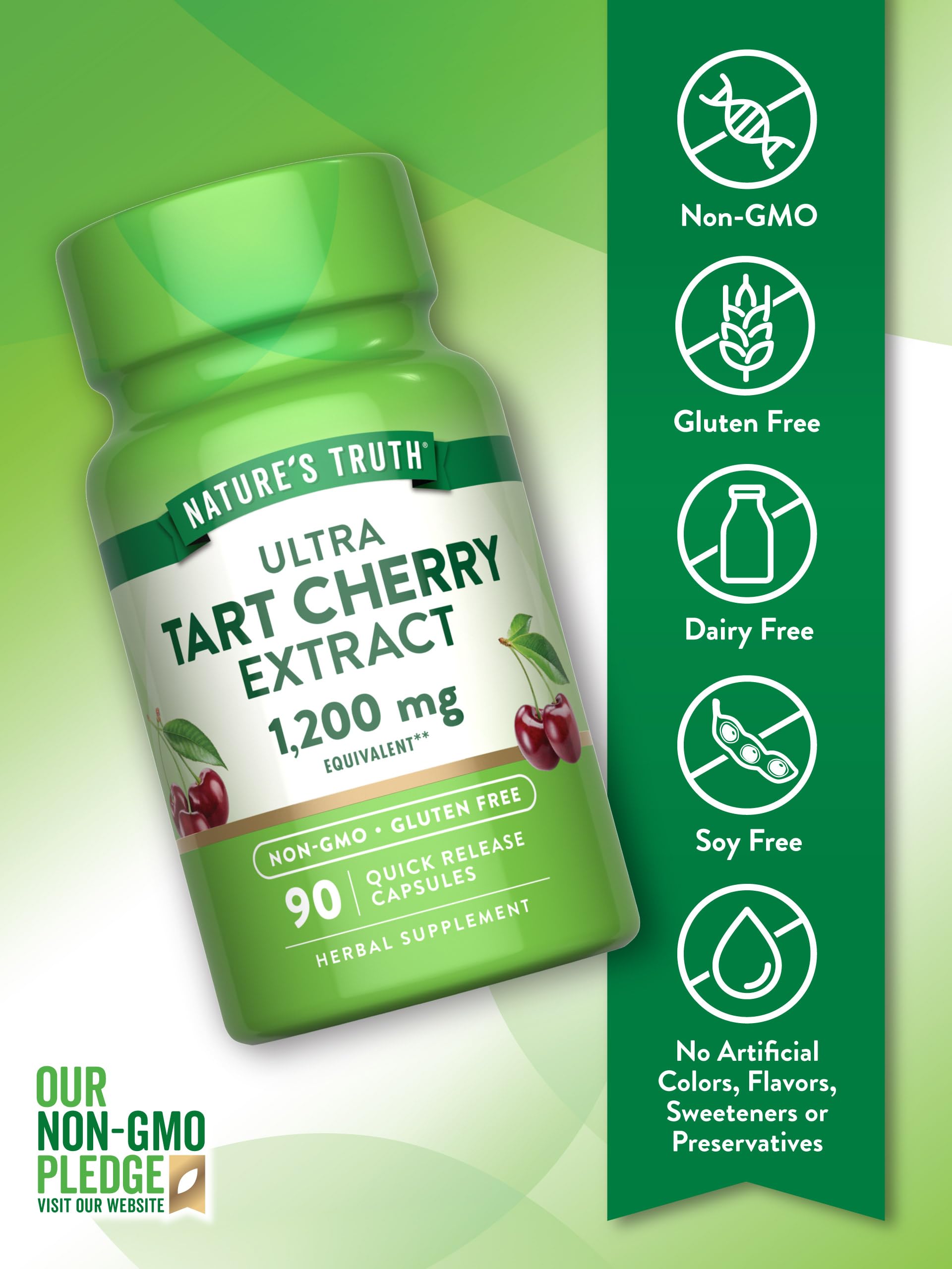 Nature’s Truth Extrait cerise aigre, capsules, etiquette lisible indiquant sans gluten et sans OGM.