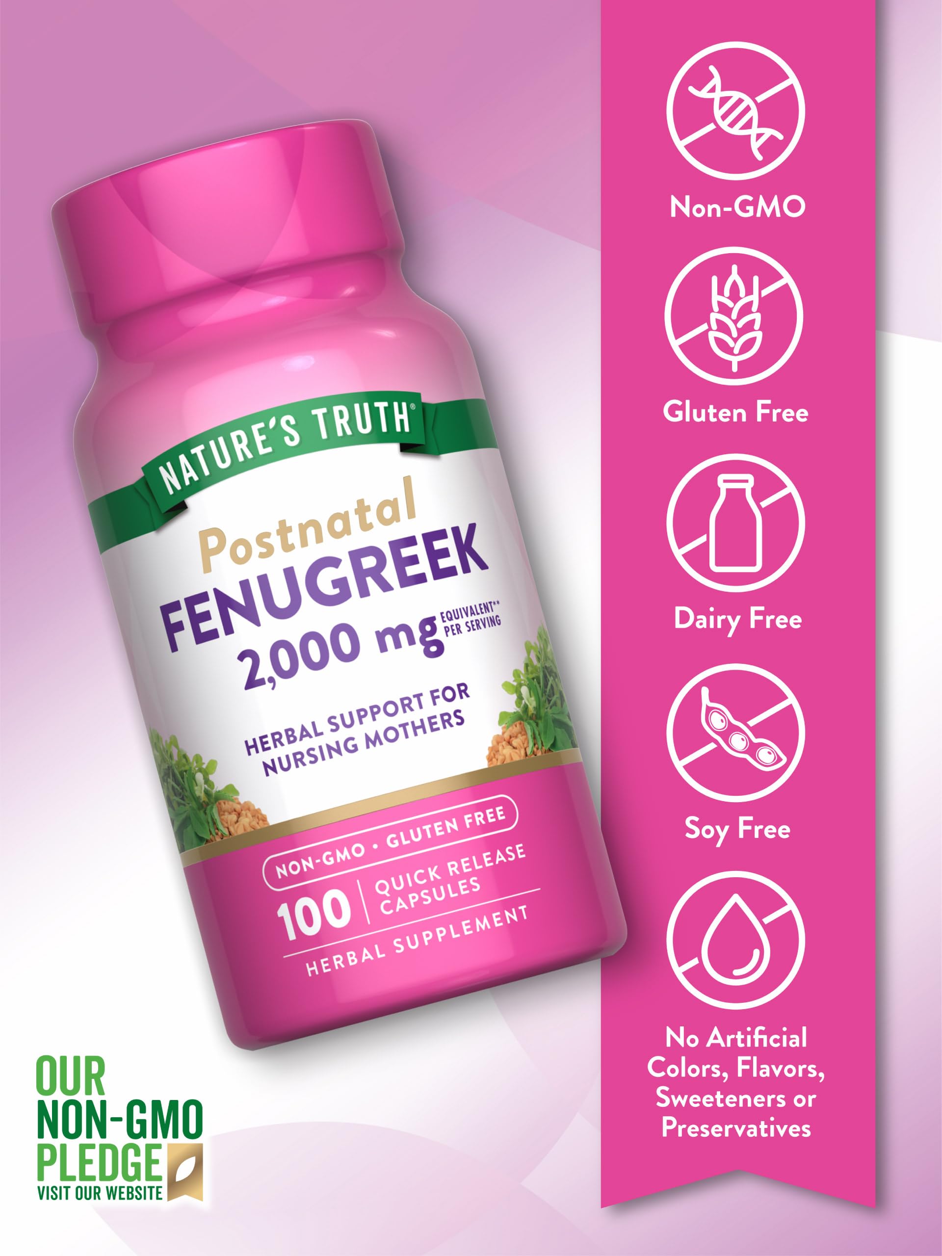 Ingrédients Nature's Truth fenugrec sans OGM affichés sur l’étiquette.