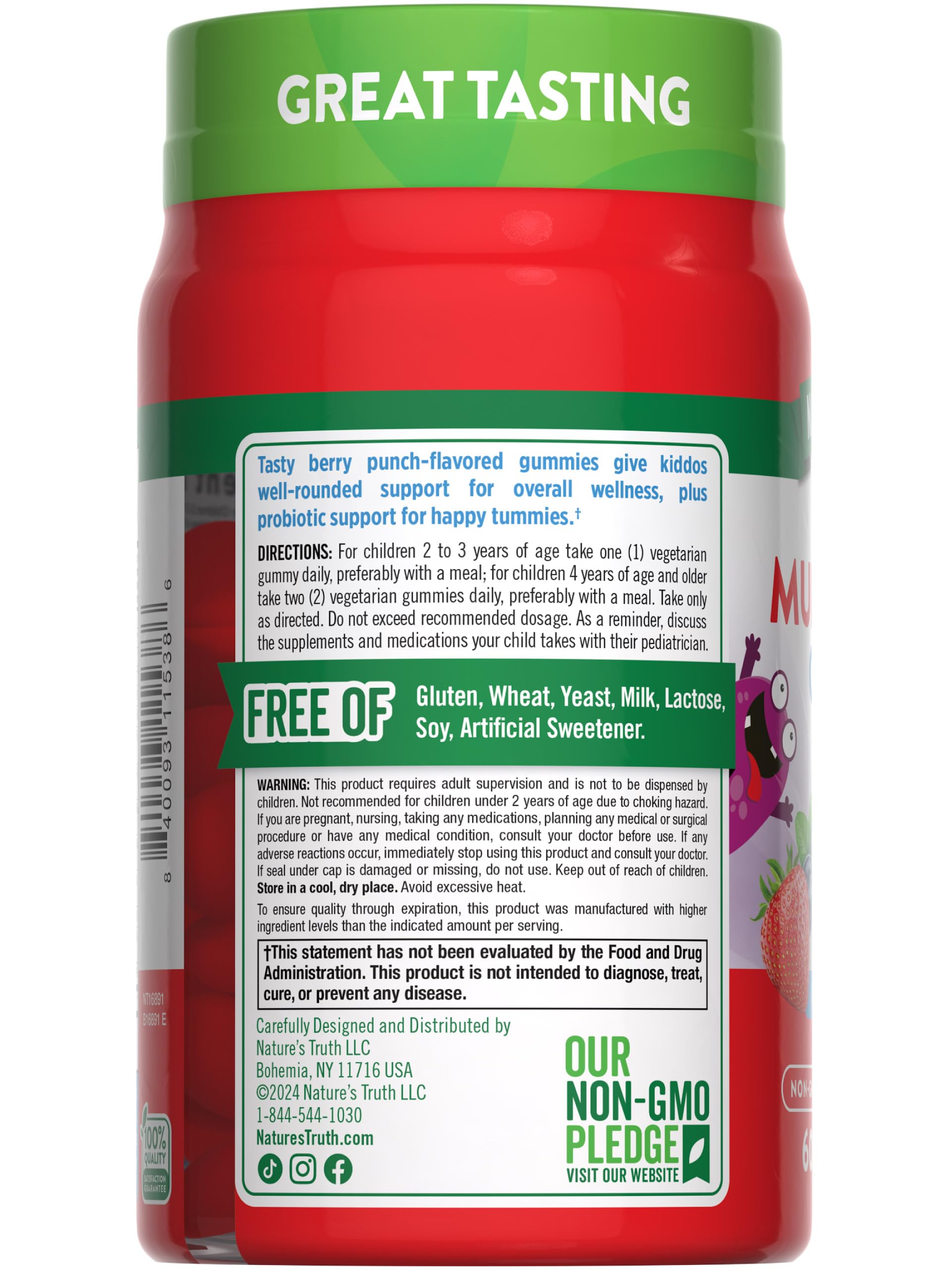 Fiche produit Nature's Truth sans allergènes majeurs, idéal pour régimes sans gluten et sans lactose.