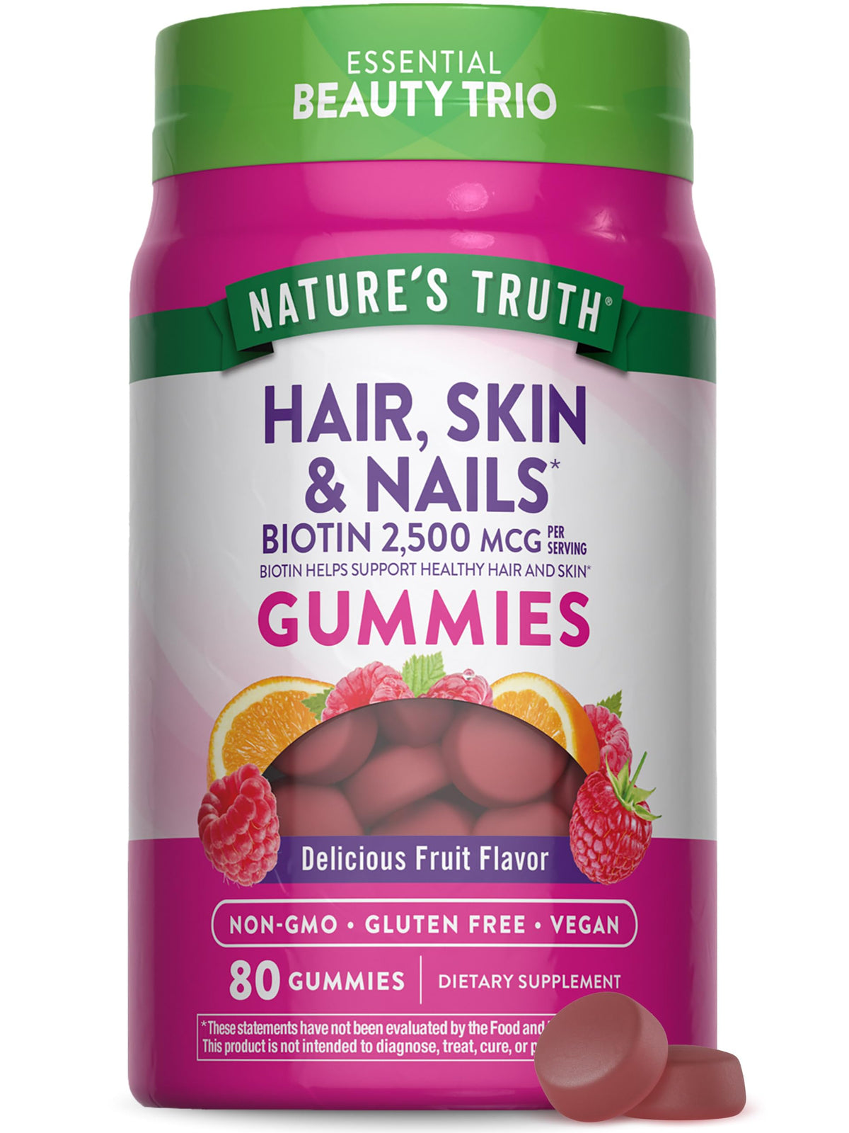 Gommes Nature's Truth pour cheveux, peau et ongles, texture fruitée et végan.