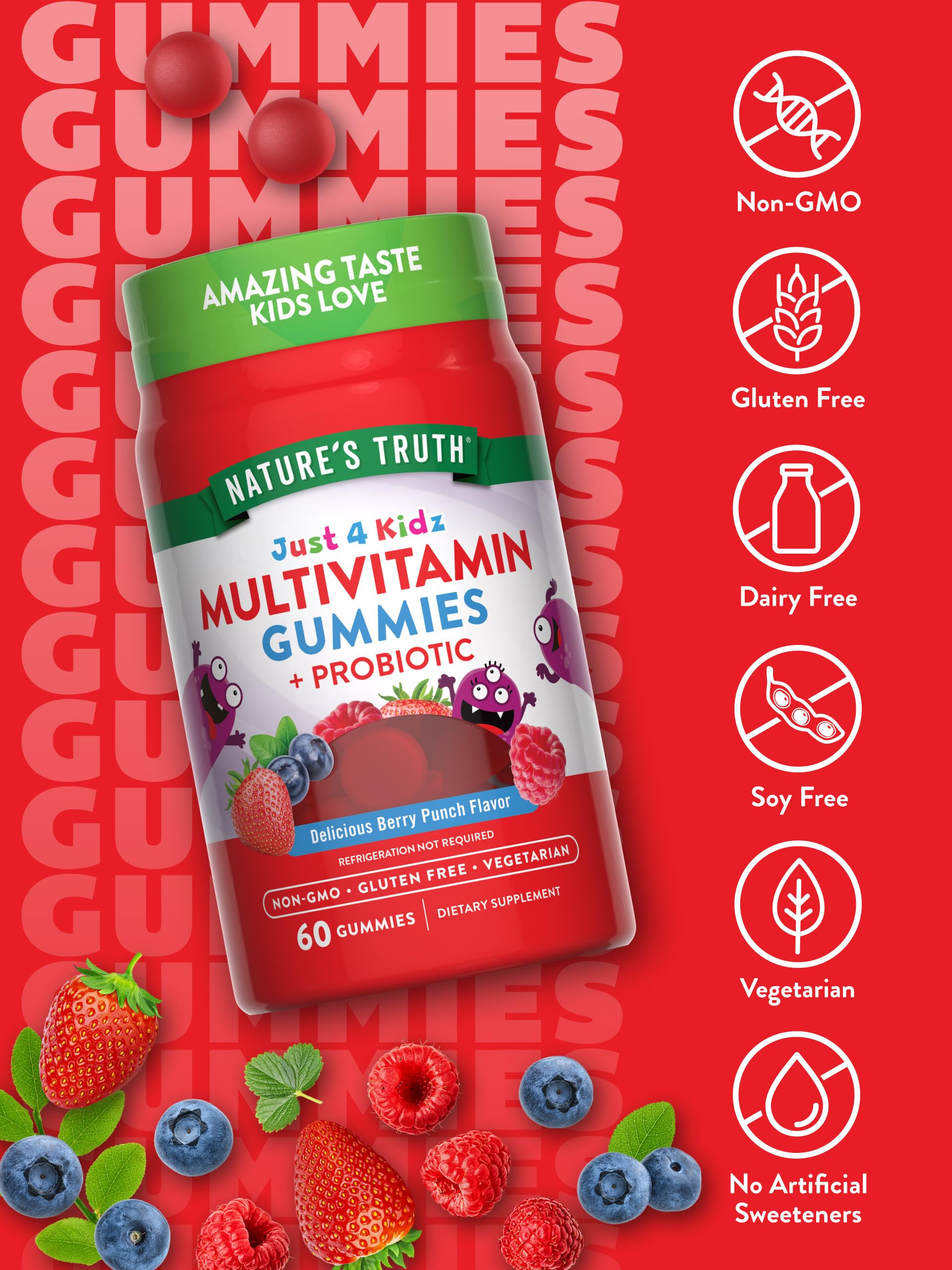 Gommes rouges Nature's Truth en gros plan, texture agréable pour les enfants.