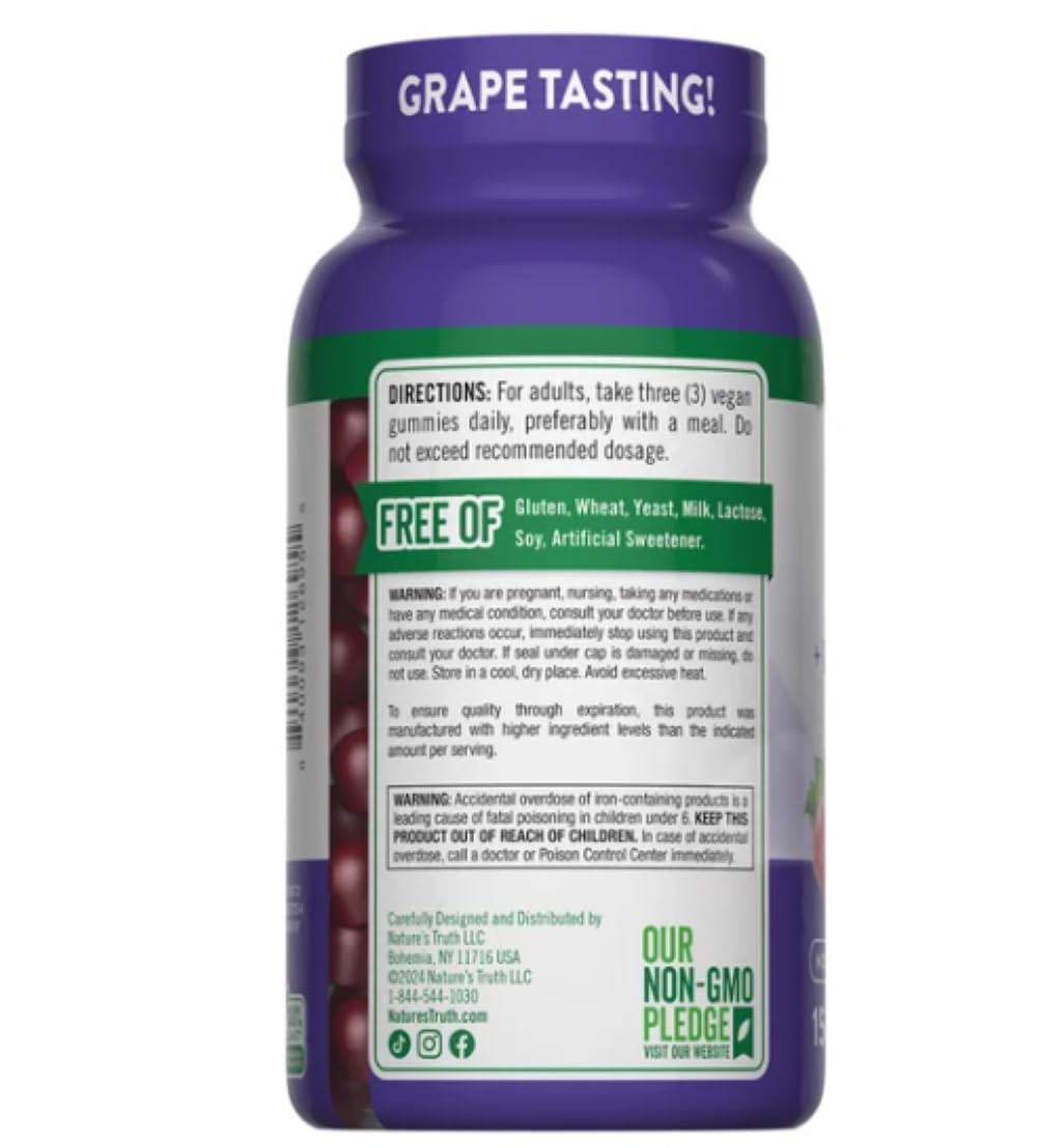 Nature's Truth Gommes Fer Essentiel goût raisin, dégustation agréable sans arrière-goût métallique.