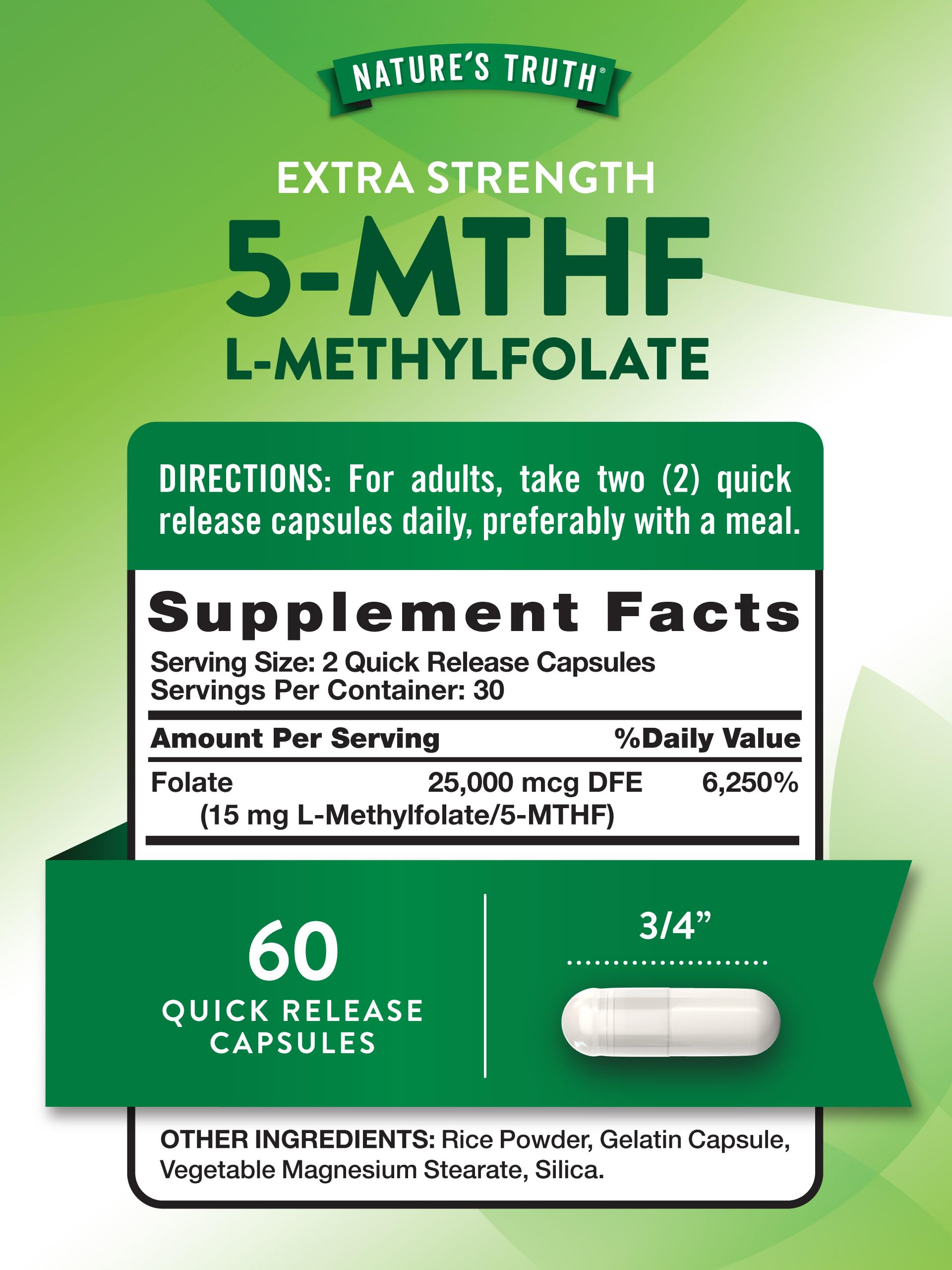 Nature's Truth L-Methylfolate 15 mg, gélules rapides et faciles à avaler.