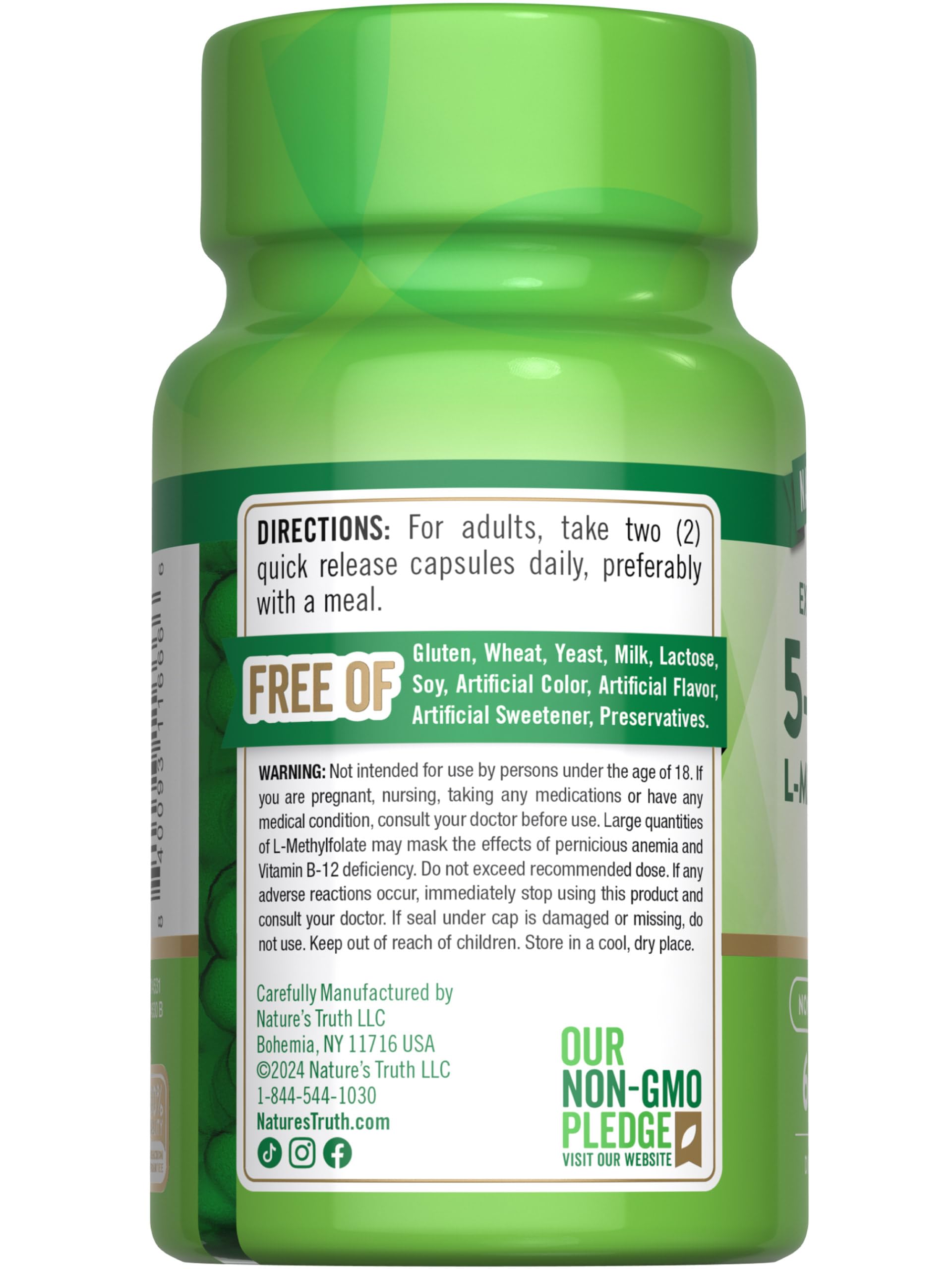 Certifications non-GMO et sans gluten affichées sur l’emballage Nature's Truth.
