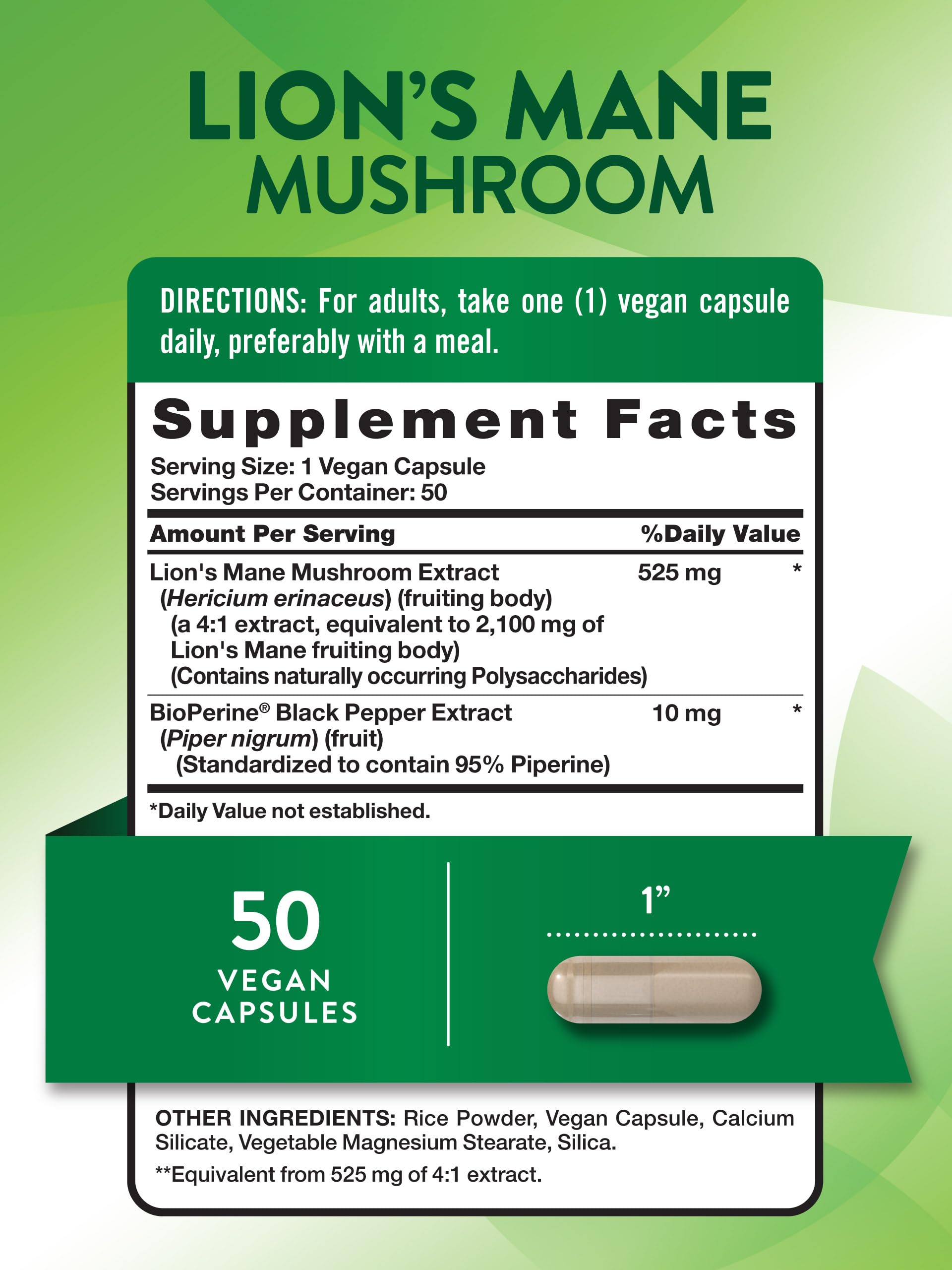 Étiquette Nature's Truth Lions Mane montrant BioPerine pour absorption améliorée.