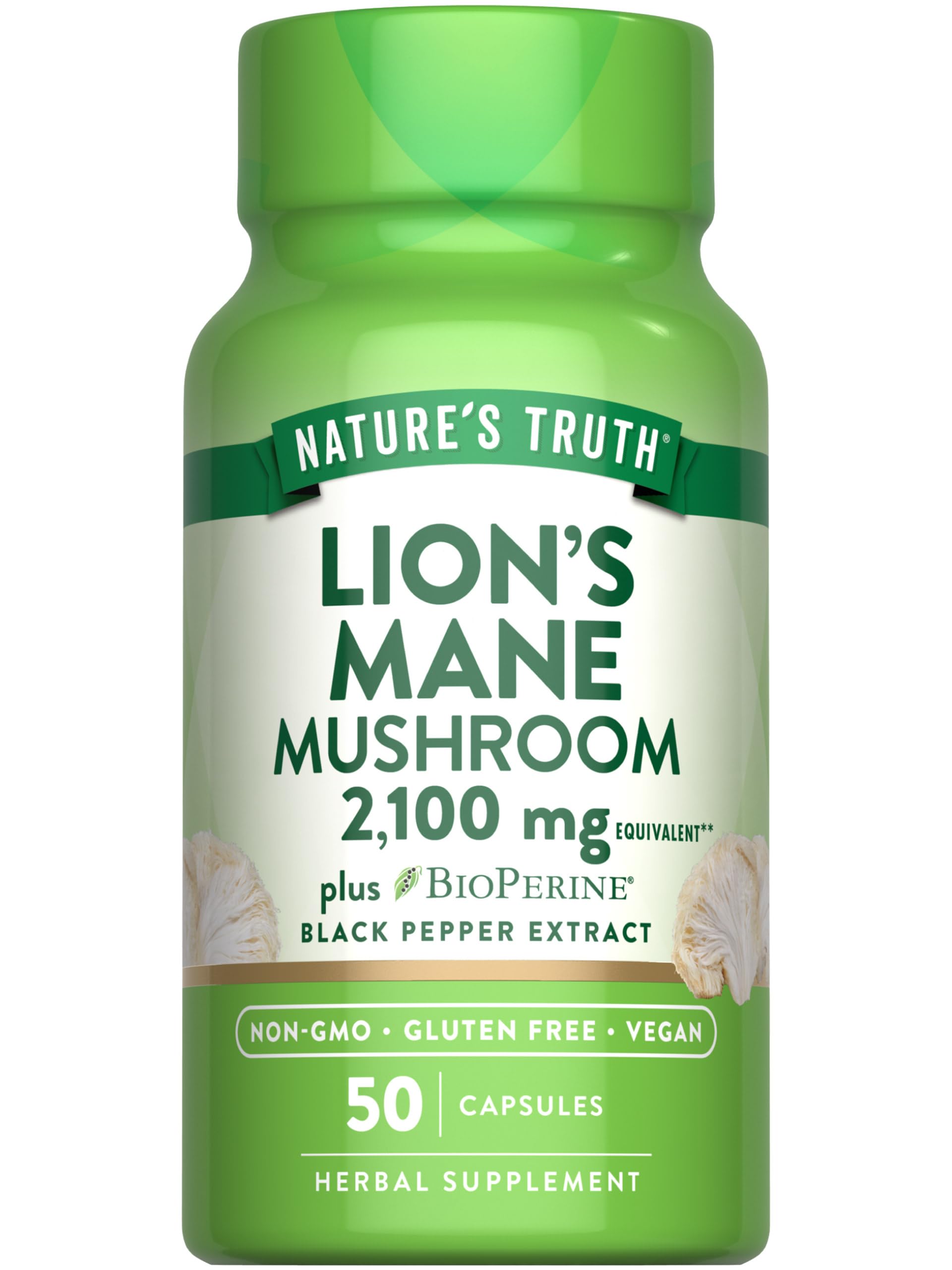 Nature's Truth Lions Mane capsules sur boîte, soutien cognitif potentiel et formulation vegan.