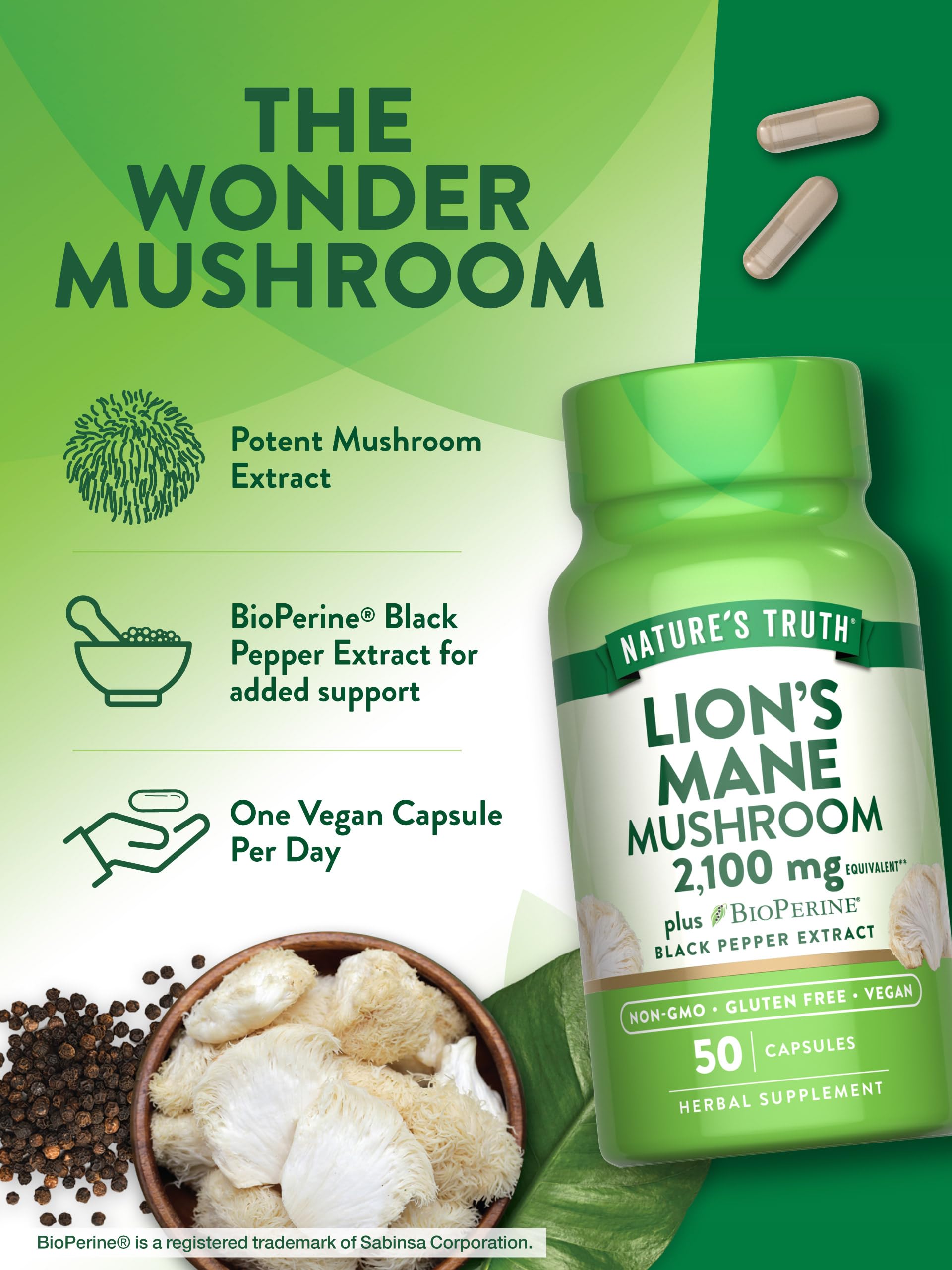 Produit Nature's Truth Lions Mane sans gluten et sans allergènes majeurs.