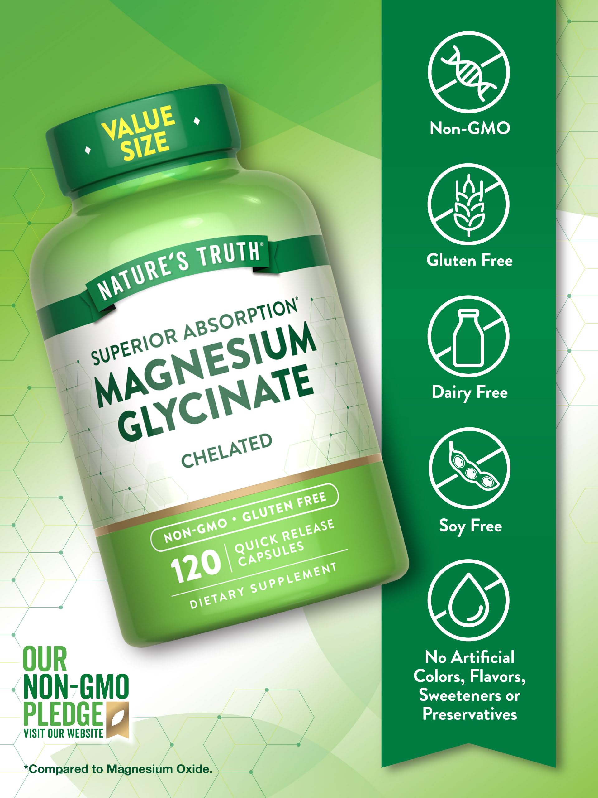 Étiquette Nature's Truth Magnésium Glycinate 200 mg, informations claires.