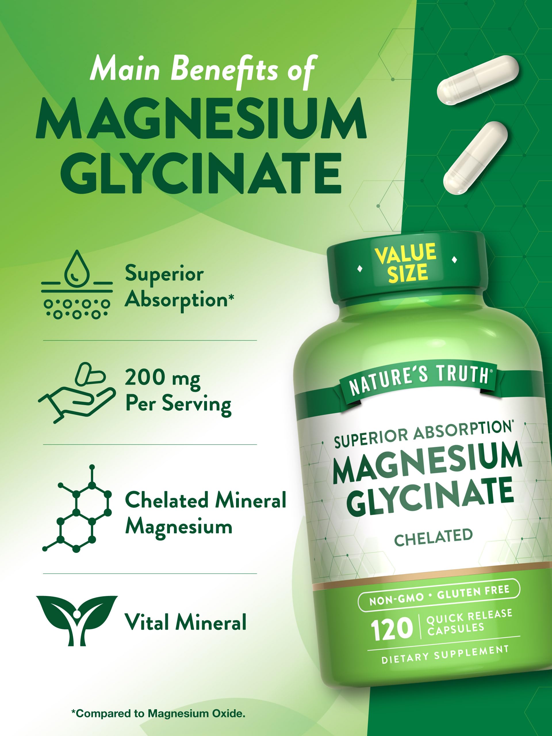 Utilisation quotidienne Nature's Truth Magnésium Glycinate 200 mg, prise simple.