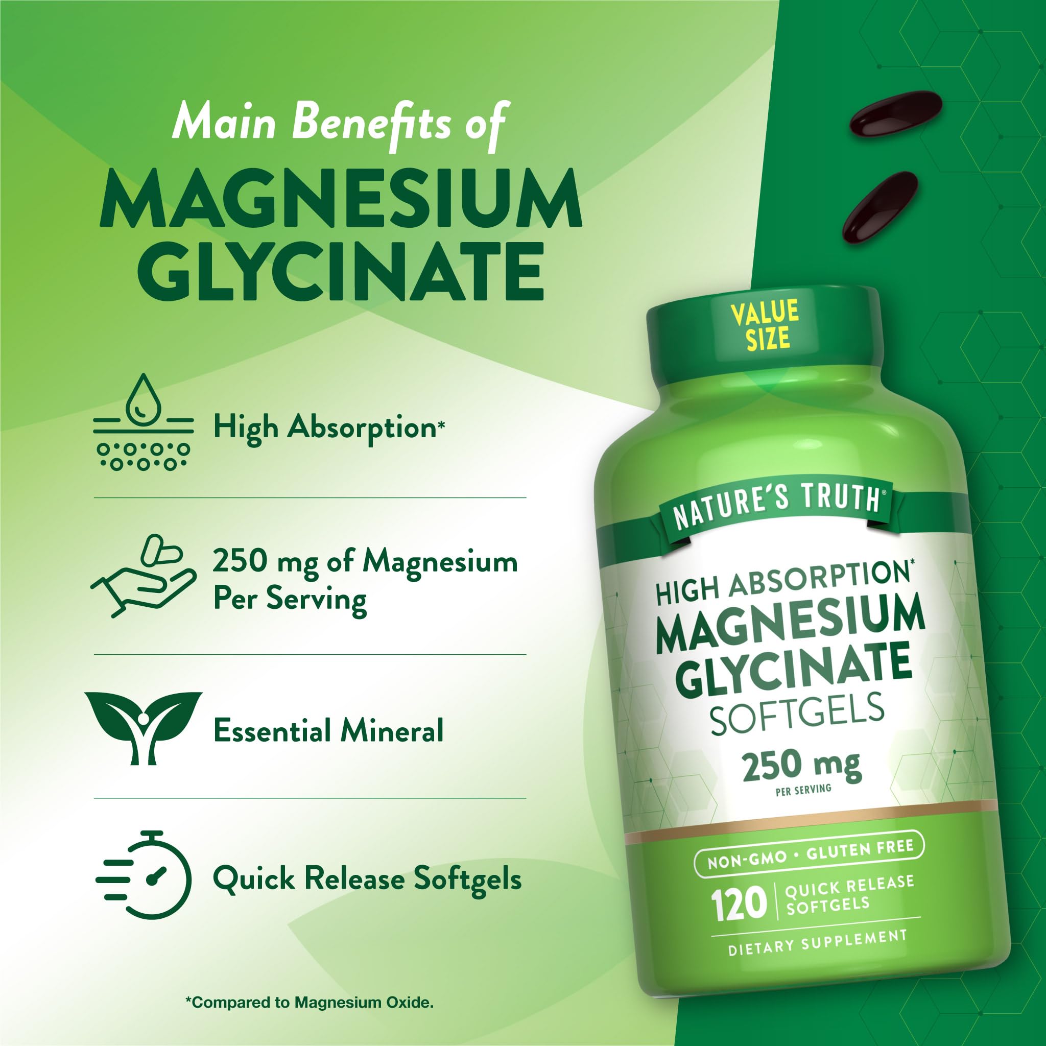 Nature's Truth Magnésium Glycinate 250 mg sans gluten, idéal pour régime varié.
