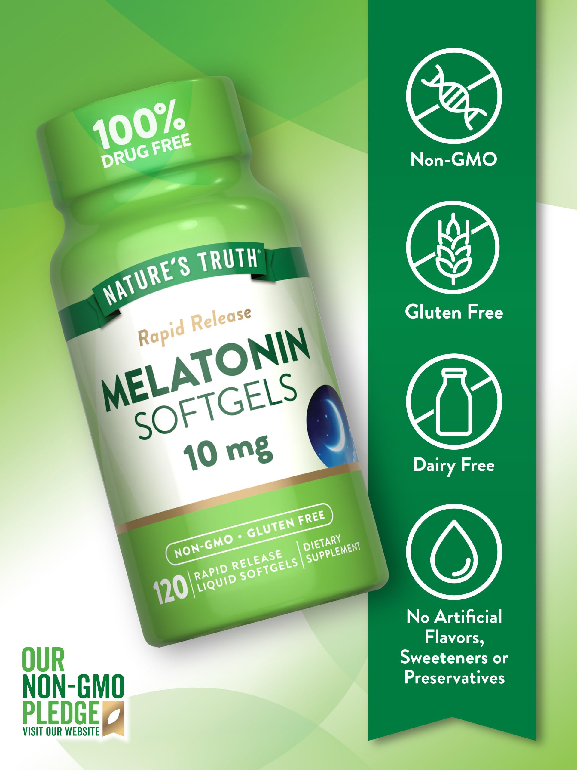 Étiquette Nature's Truth indiquant Sans OGM et Sans Gluten.