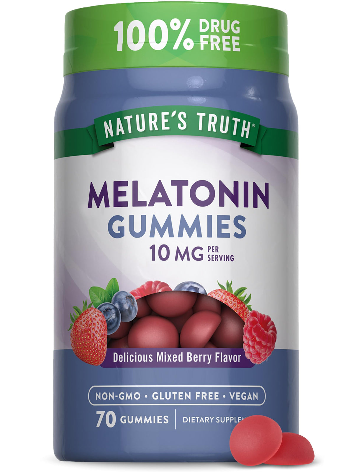 Nature's Truth mélatonine gommes dans une bouteille, saveur baies et usage nocturne potentiel.