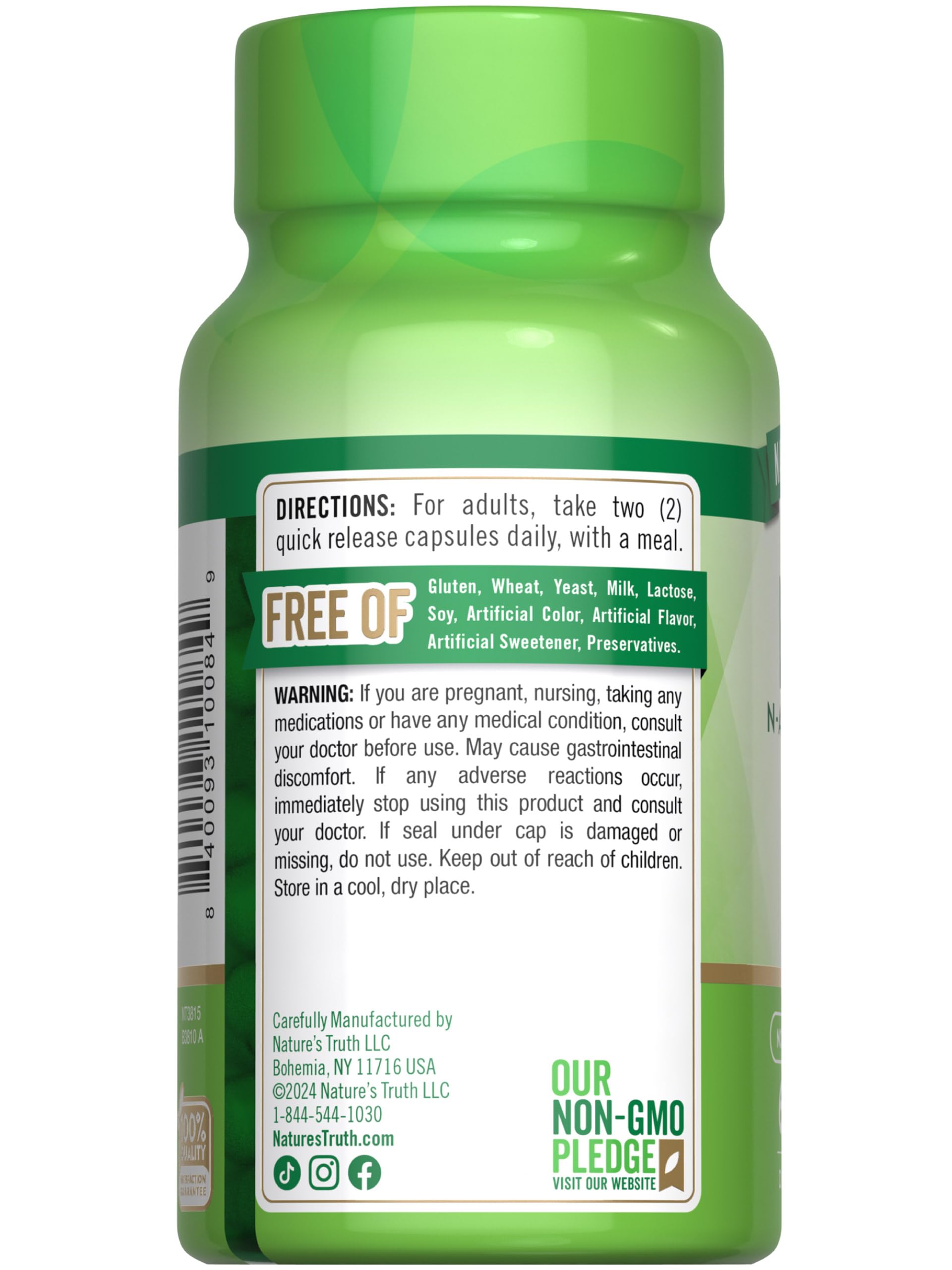 Nature's Truth NAC – contrôle qualité et laboratoire visibles relatifs au produit.