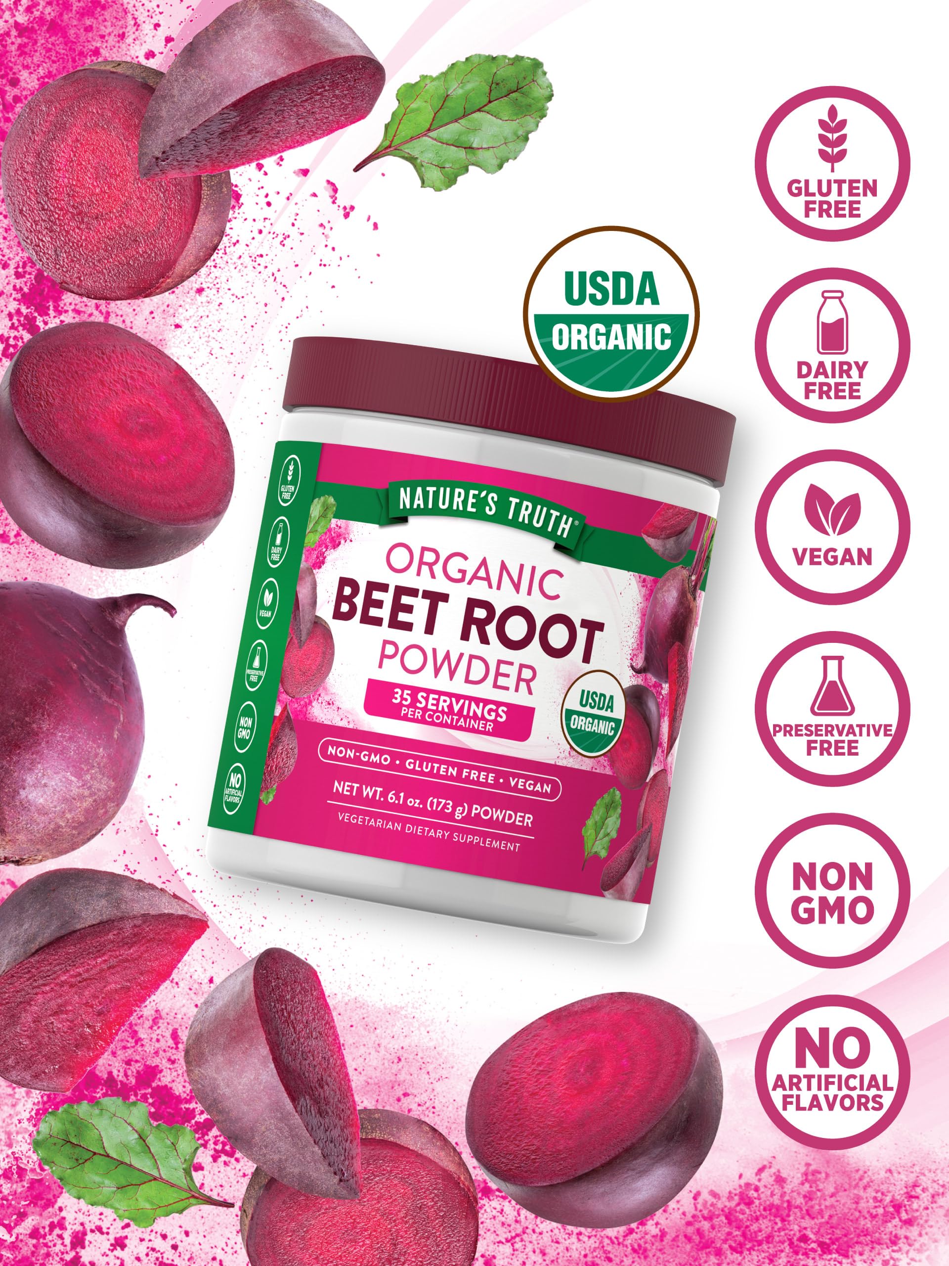 Nature's Truth poudre de betterave prête à être mélangée dans un smoothie sain.