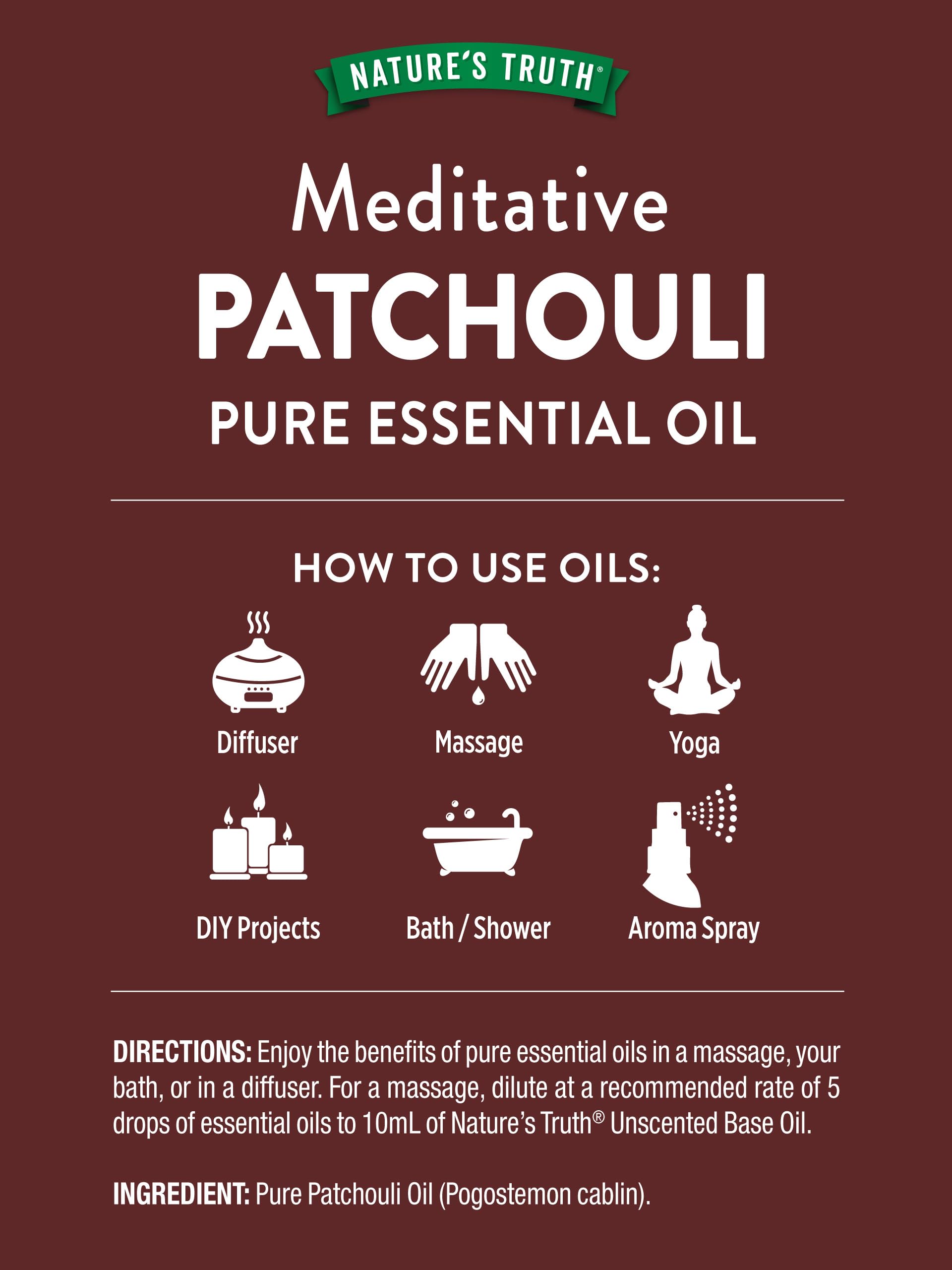Nature's Truth Patchouli huile essentielle - diffuseur en action pour une ambiance chaleureuse.