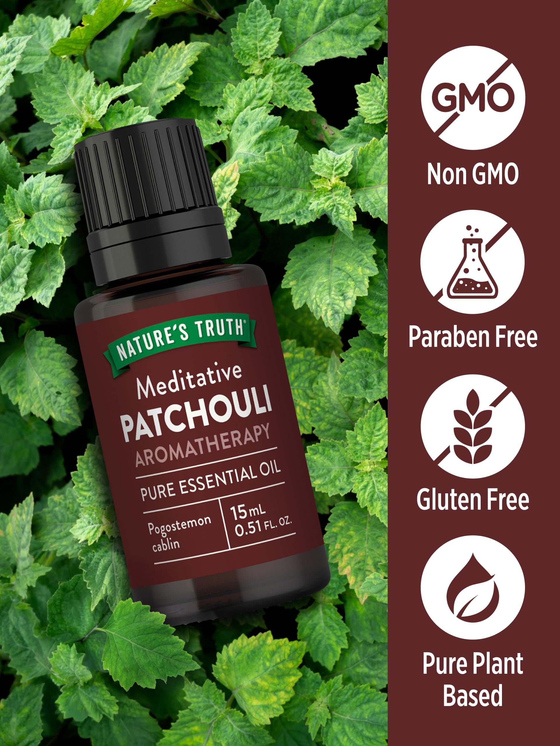 Nature's Truth Patchouli huile essentielle - utilisation douche ou bain avec arôme enveloppant.
