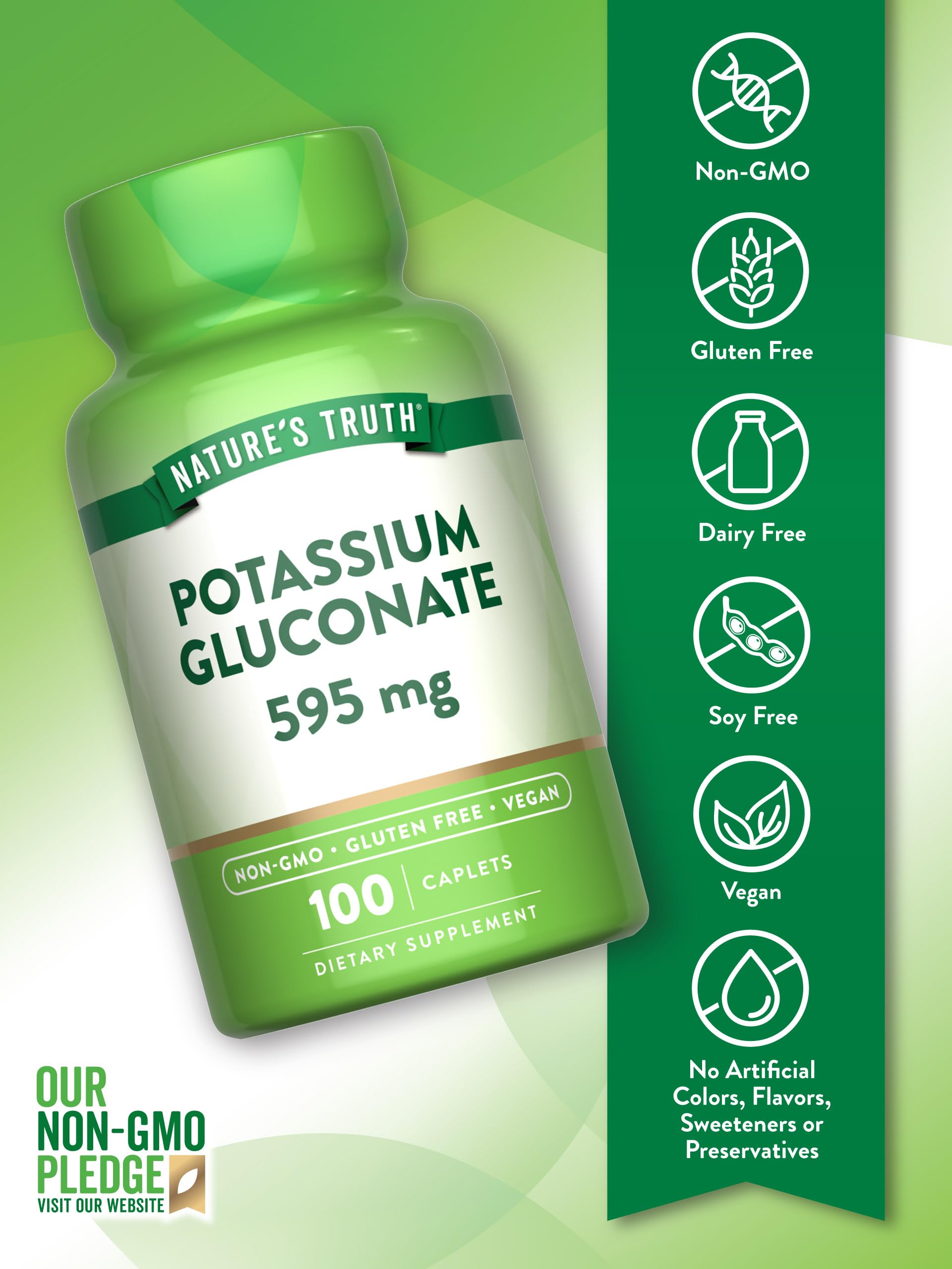 Étiquette Nutrition Nature's Truth Potassium Gluconate caplets, lisible et informative.